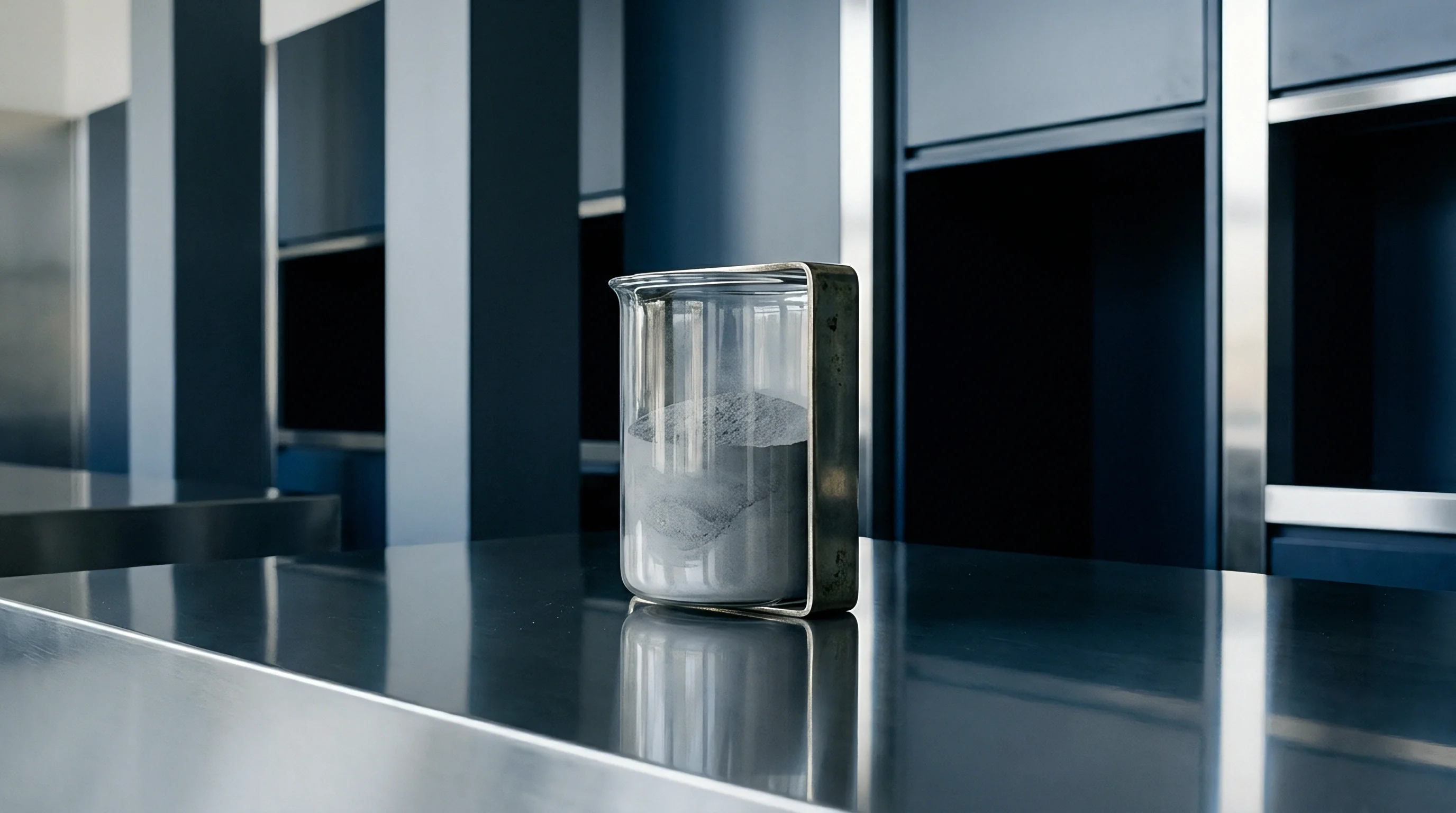 A glass laboratory beaker holds grey active material powder on a stainless steel workbench inside a modern production facility.