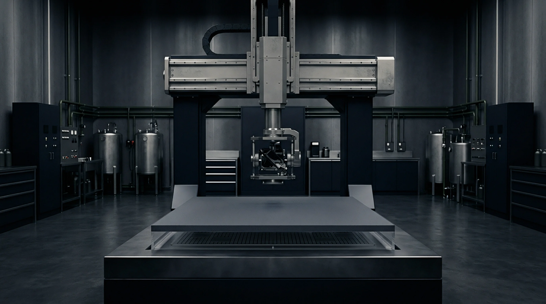 This digital render presents an industrial manufacturing gantry positioned inside a dark metallic facility equipped with processing tanks and control units.
