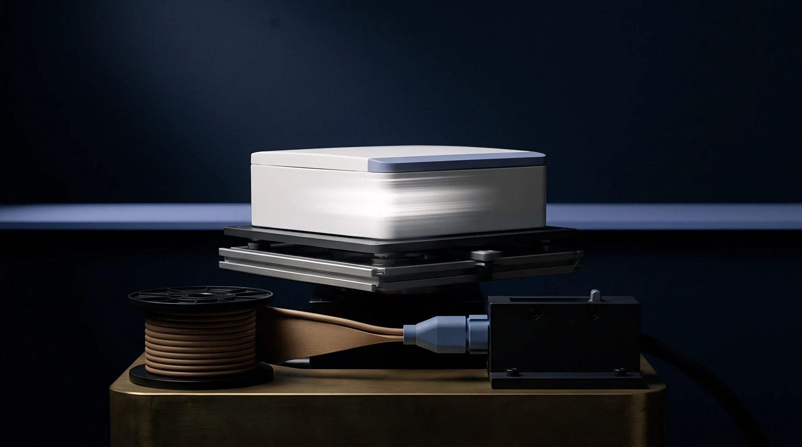 A white battery module sits on a mounting fixture next to a spool feeding material into a tension block.