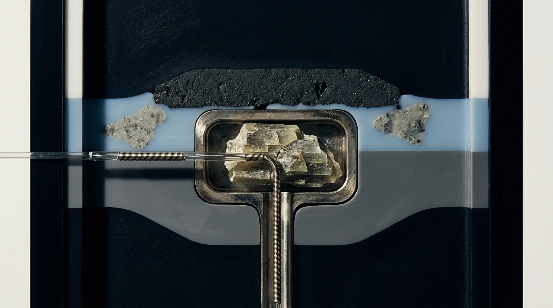 A laboratory apparatus shows a crystalline mineral sample within a metallic holder, adjacent to dark granular battery material and a clear liquid.