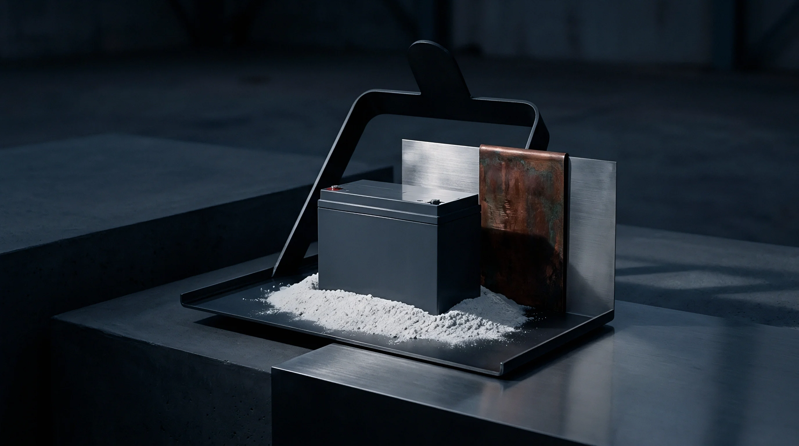 A prismatic battery cell rests atop white chemical powder alongside a weathered copper sheet on an industrial metal platform.