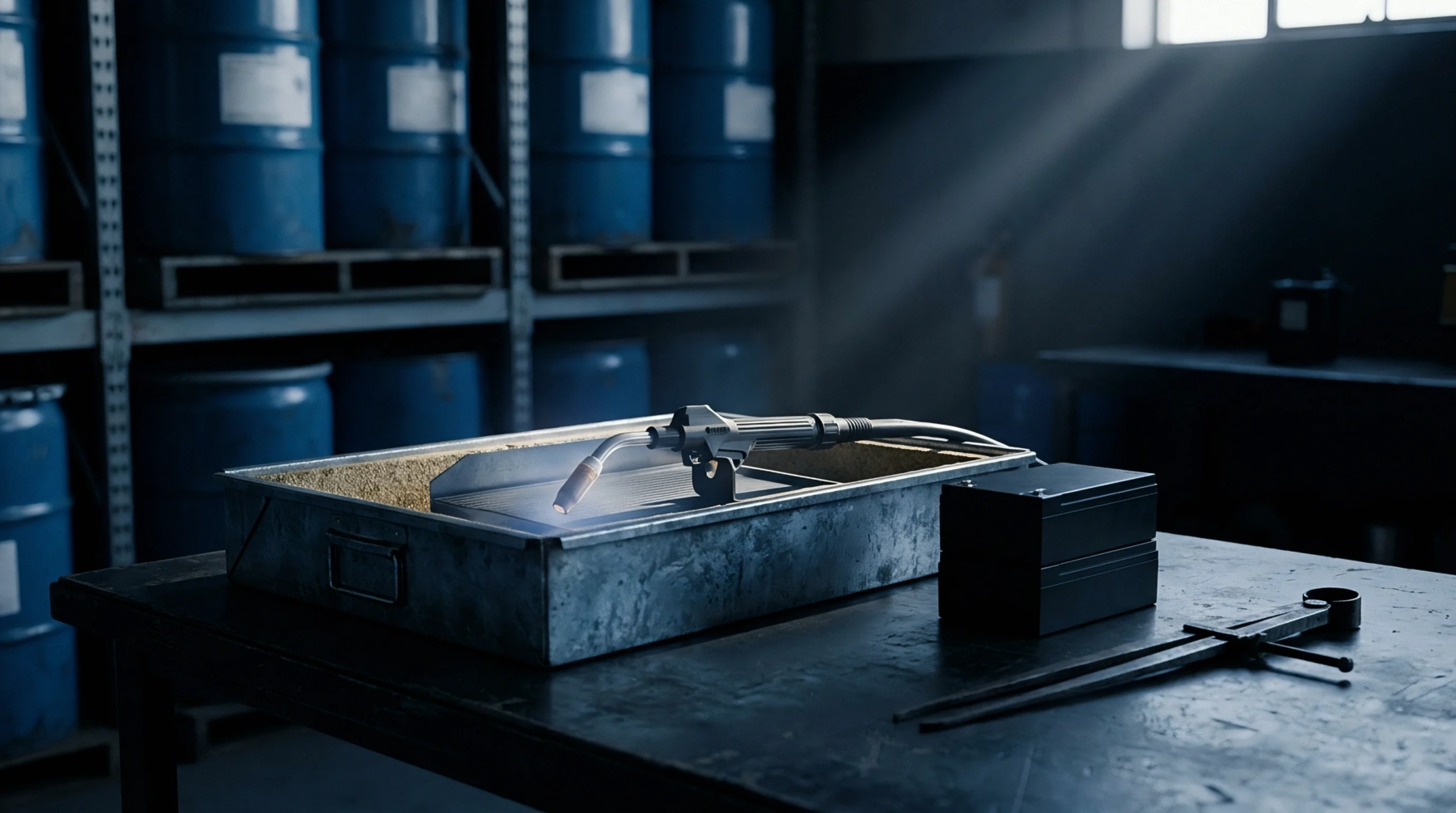 Precision thermal bonding equipment rests inside a galvanized metal tray upon an industrial workshop workbench surrounded by storage drums.
