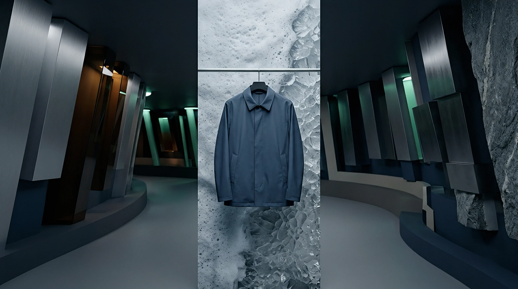 A blue jacket hangs as a digital render before white textured foam between corridors lined with metallic blocks and dark walls.