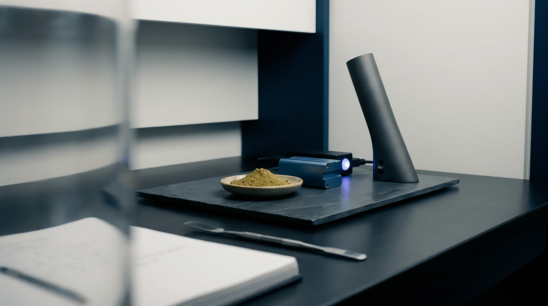 Fine active powder rests on a ceramic dish beside diagnostic hardware upon a dark testing table inside a material research facility.