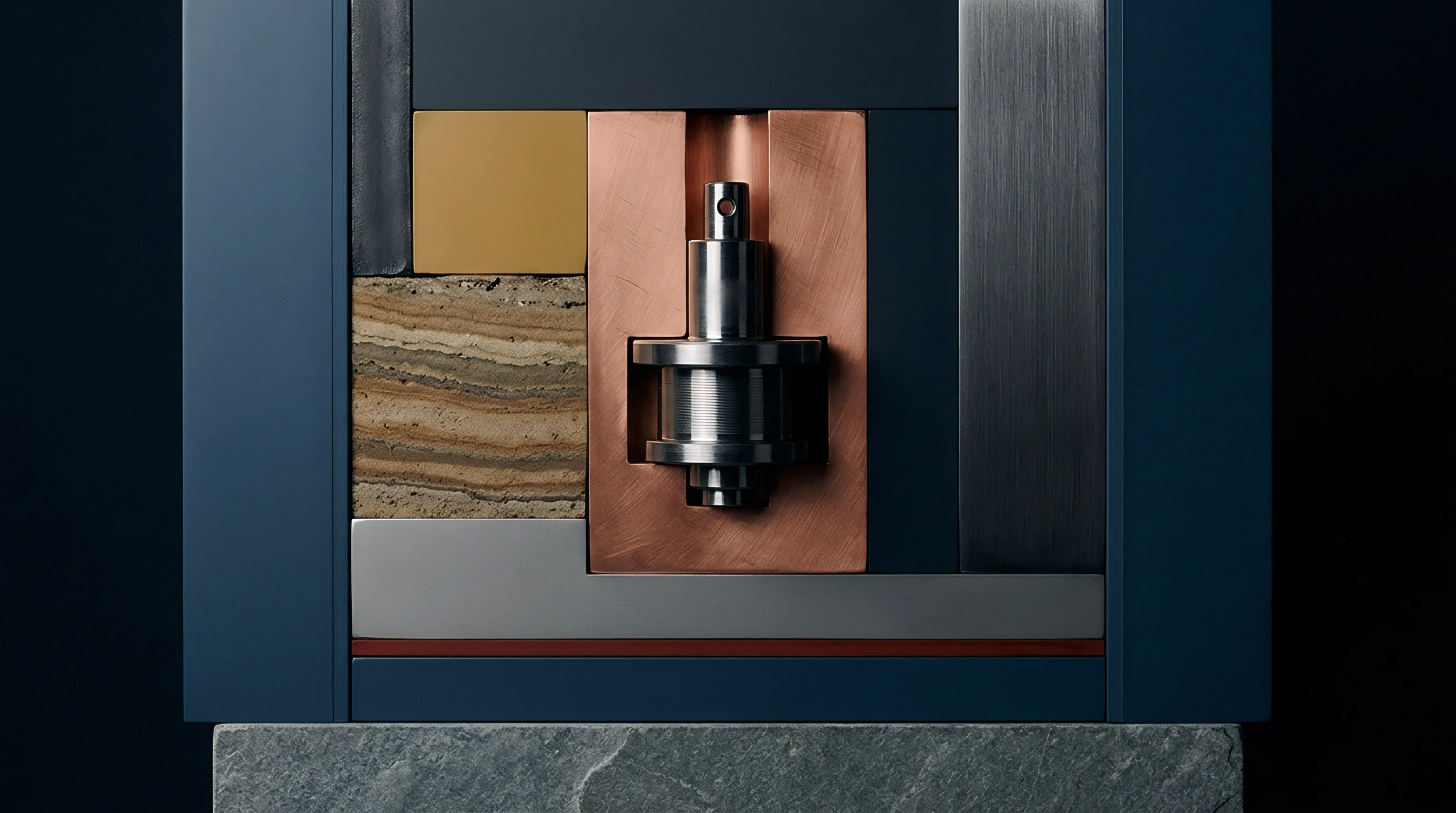 Copper housings and precision steel pins comprise a digital render revealing layered battery components inside a dark structural enclosure.