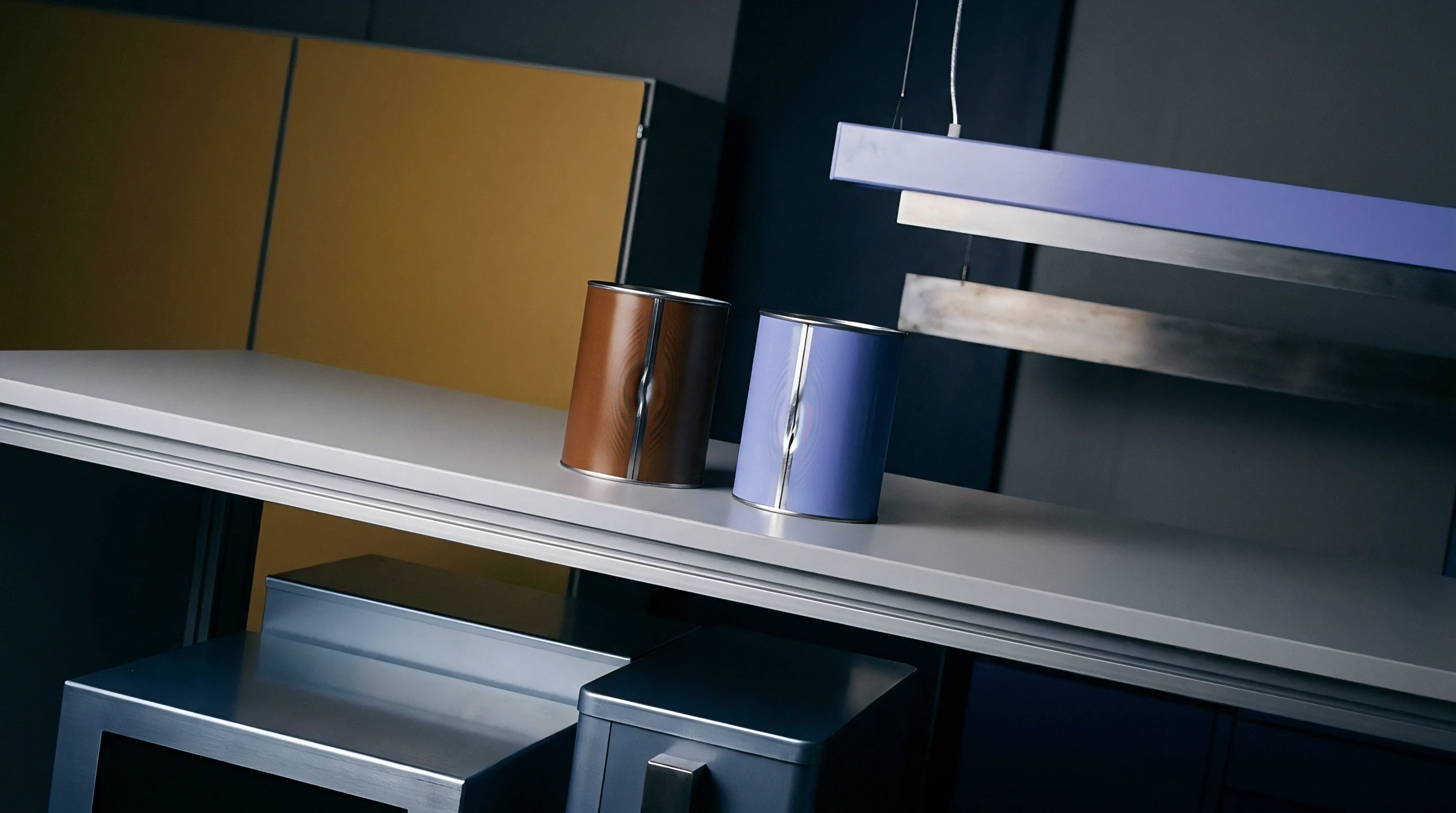 Two cylindrical storage modules in blue and brown finishes stand on a gray horizontal surface inside a controlled production environment.