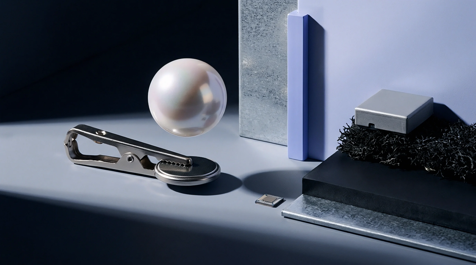 A lustrous pearl hovers over a mechanical clip with a coin cell battery, near a microchip and black textured material on a grey surface.