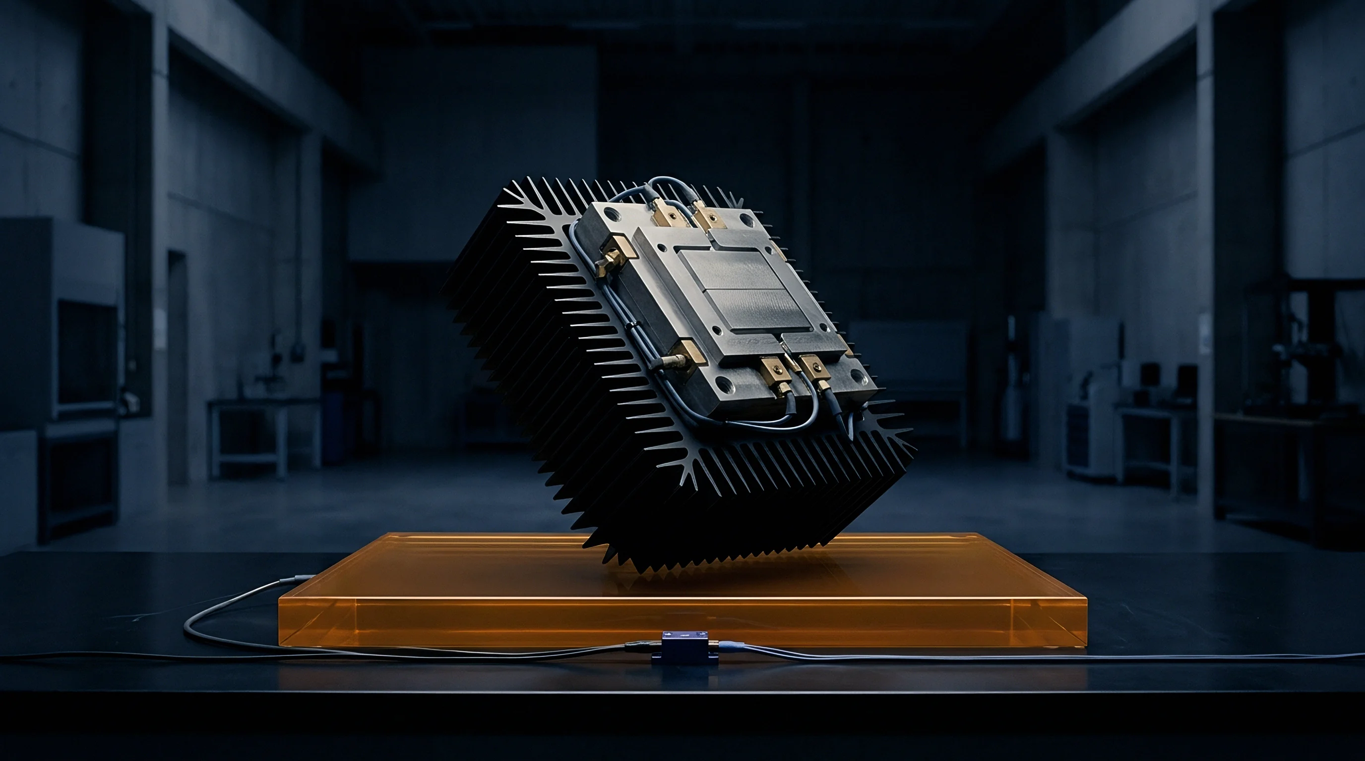 A rendered aluminum heat sink assembly with precision microchannels floats above an amber acrylic platform inside a dark industrial manufacturing facility.