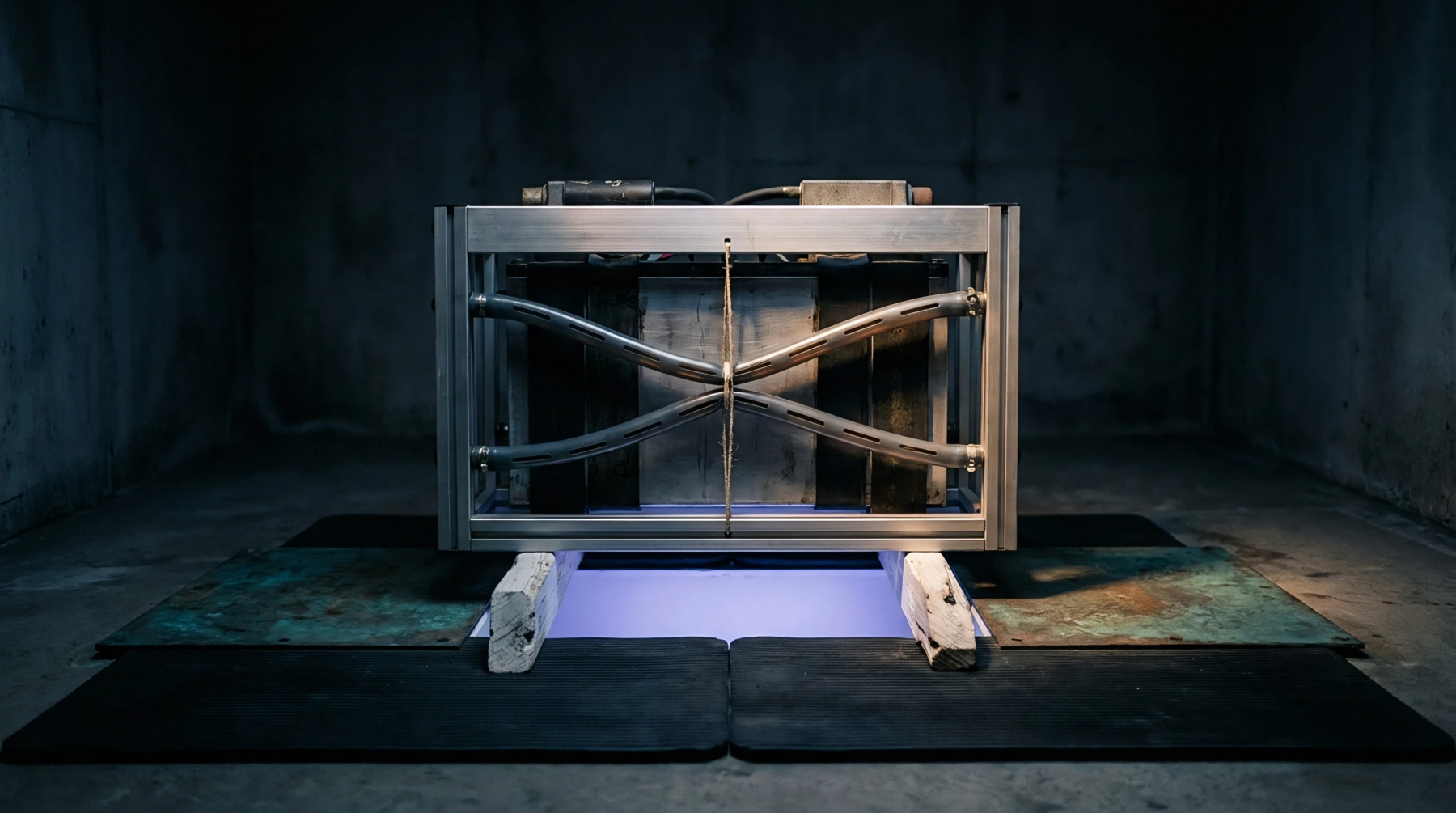 An aluminum extrusion frame houses a battery energy storage module featuring metal thermal cooling plates suspended on wooden supports within a dim concrete laboratory space.