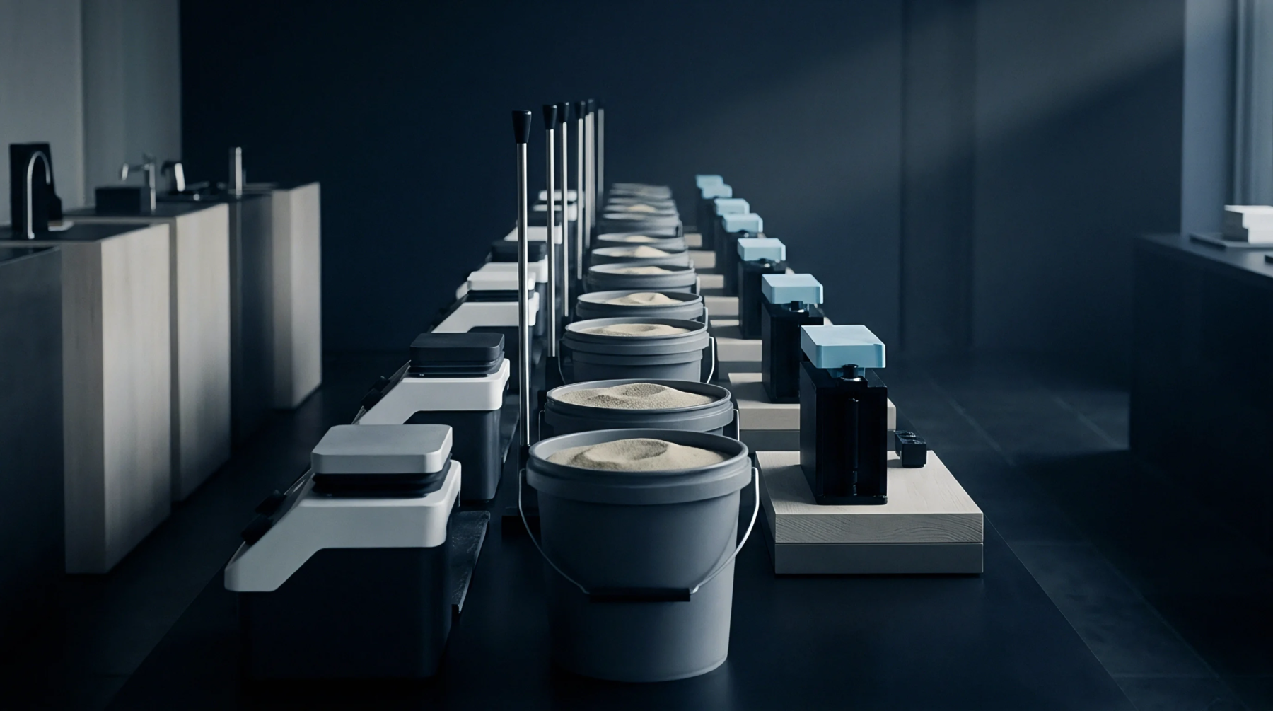 A computer generated illustration presents a perspective row of gray industrial buckets filled with granular battery powder inside a dark production facility.