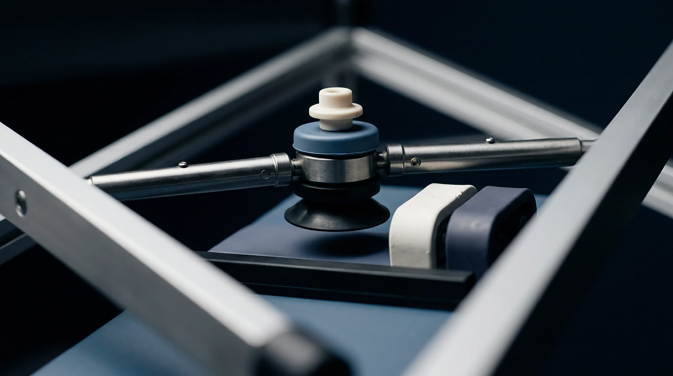 A precision vacuum end effector with stainless steel pneumatic lines mounts inside an aluminum modular automation frame above battery production components.