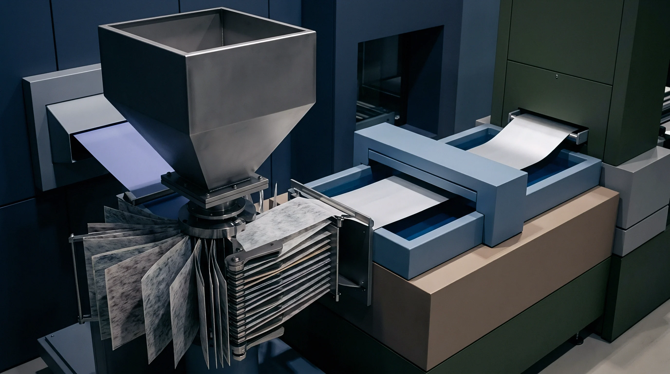 Precision industrial machinery integrates a stainless steel hopper with mechanical folding assemblies to process battery separator sheets inside a manufacturing facility.