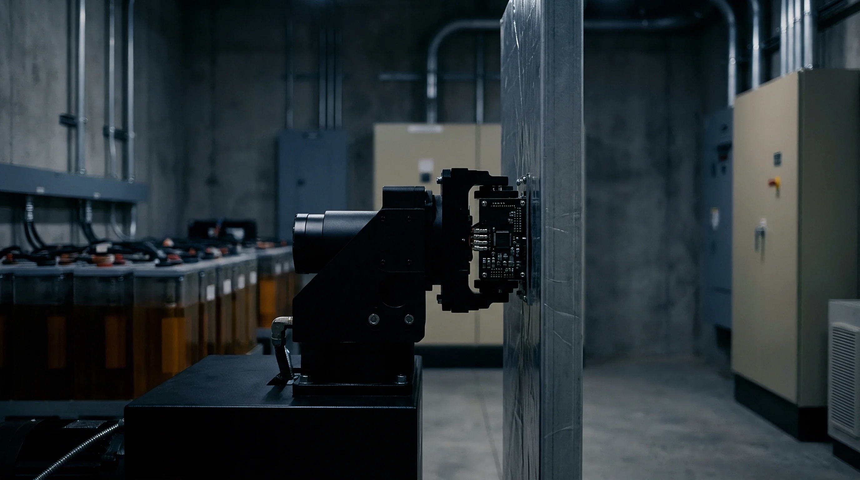 An automated test fixture equipped with circuit boards assesses wall mounted hardware inside an industrial battery energy storage facility.