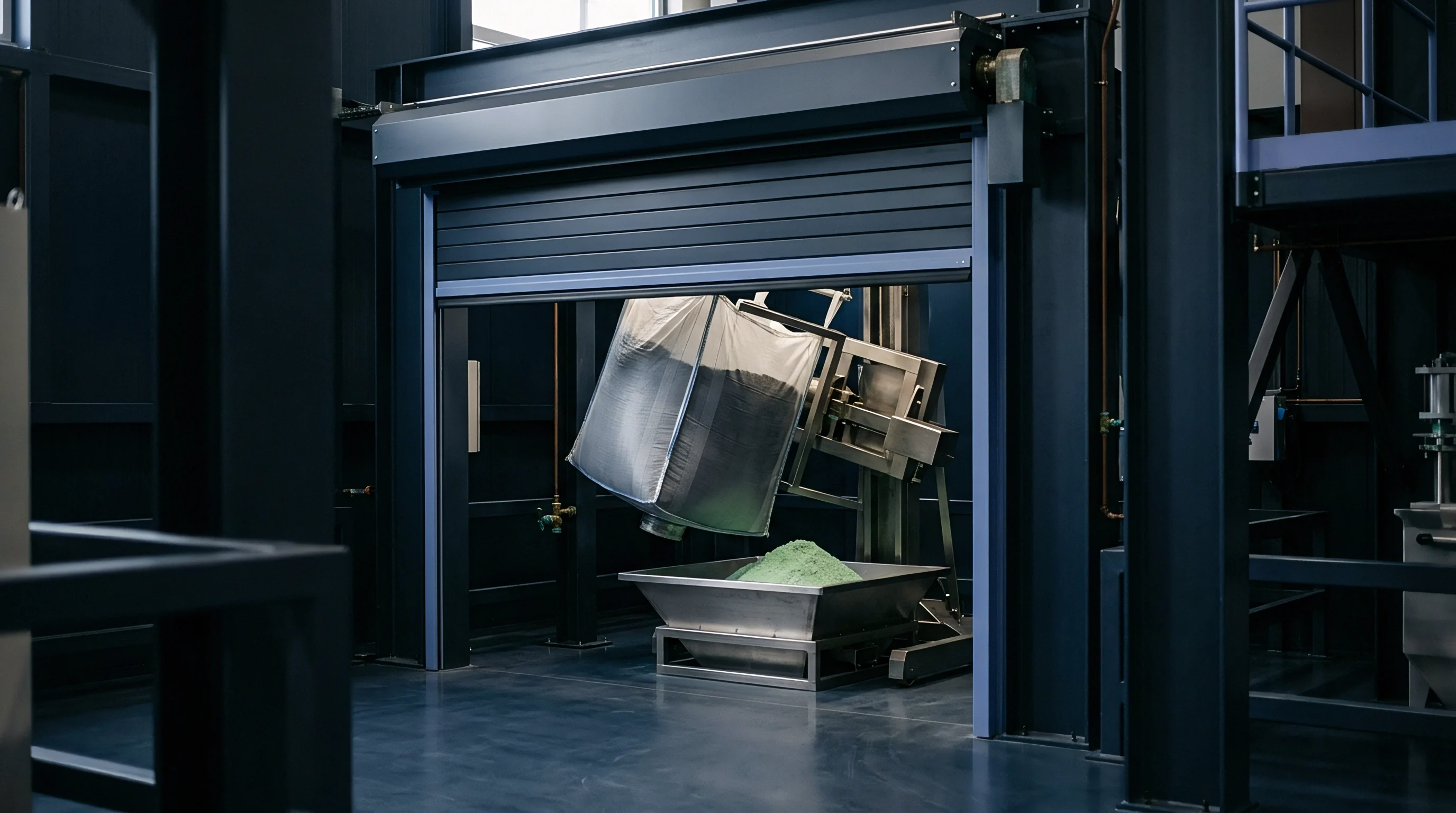 A flexible intermediate bulk container discharges green powdery raw material into a stainless steel hopper inside a battery manufacturing facility.