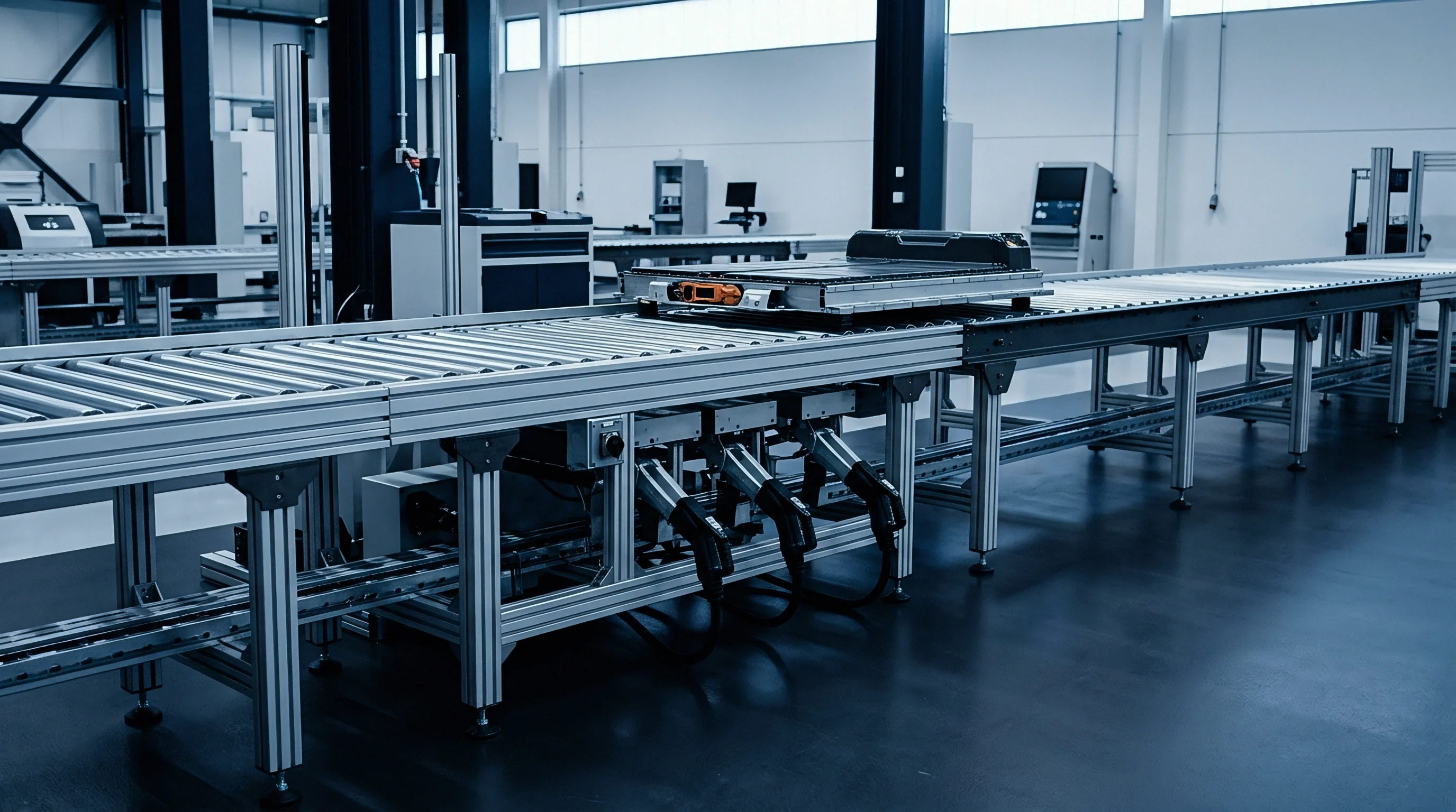 An industrial roller conveyor carries a heavy energy storage module across a clean factory floor during automated assembly operations.
