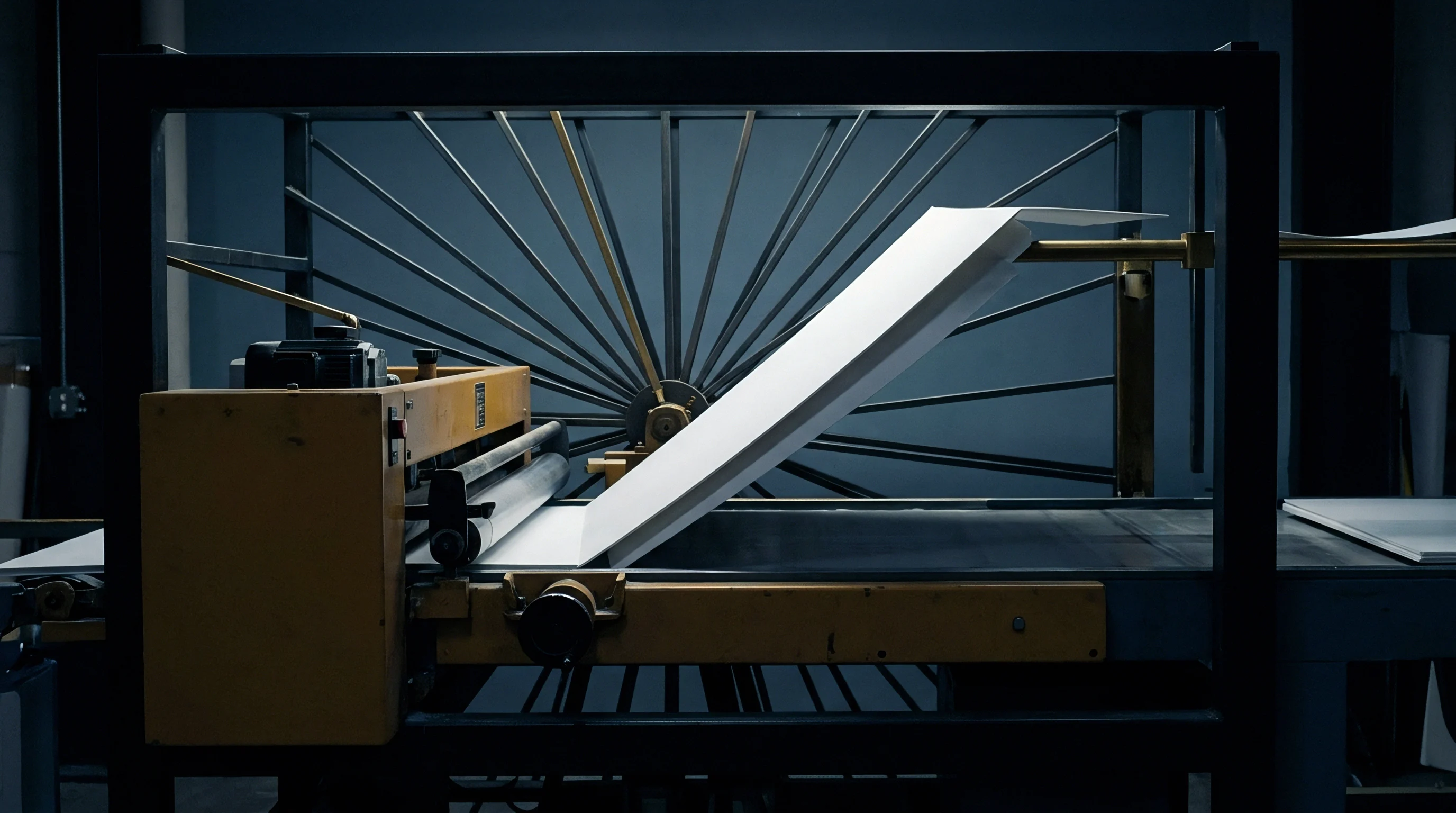 Industrial manufacturing equipment processes white polymer separator material along a mechanical conveyor inside an energy production facility.