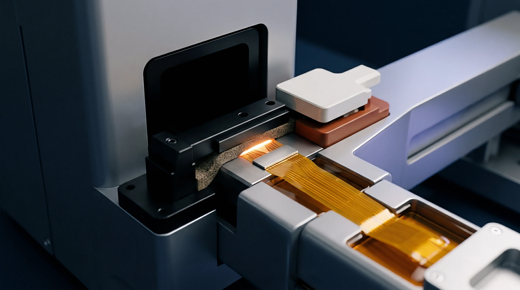 A 3D digital render illustrates automated laser bonding of a golden flexible printed circuit inside a battery manufacturing assembly station.