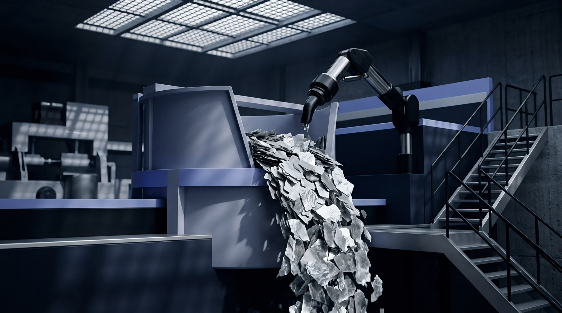 A black robotic arm dispenses metallic grey flakes from a large industrial vat within a dark factory in a digital render.