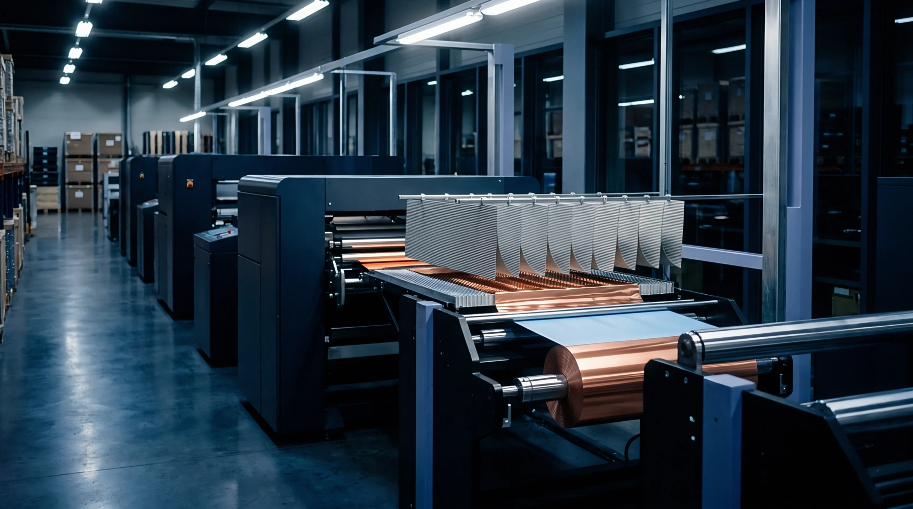A factory production line shows several large dark machinery units processing rolls of copper foil and a blue film within a well-lit industrial setting.