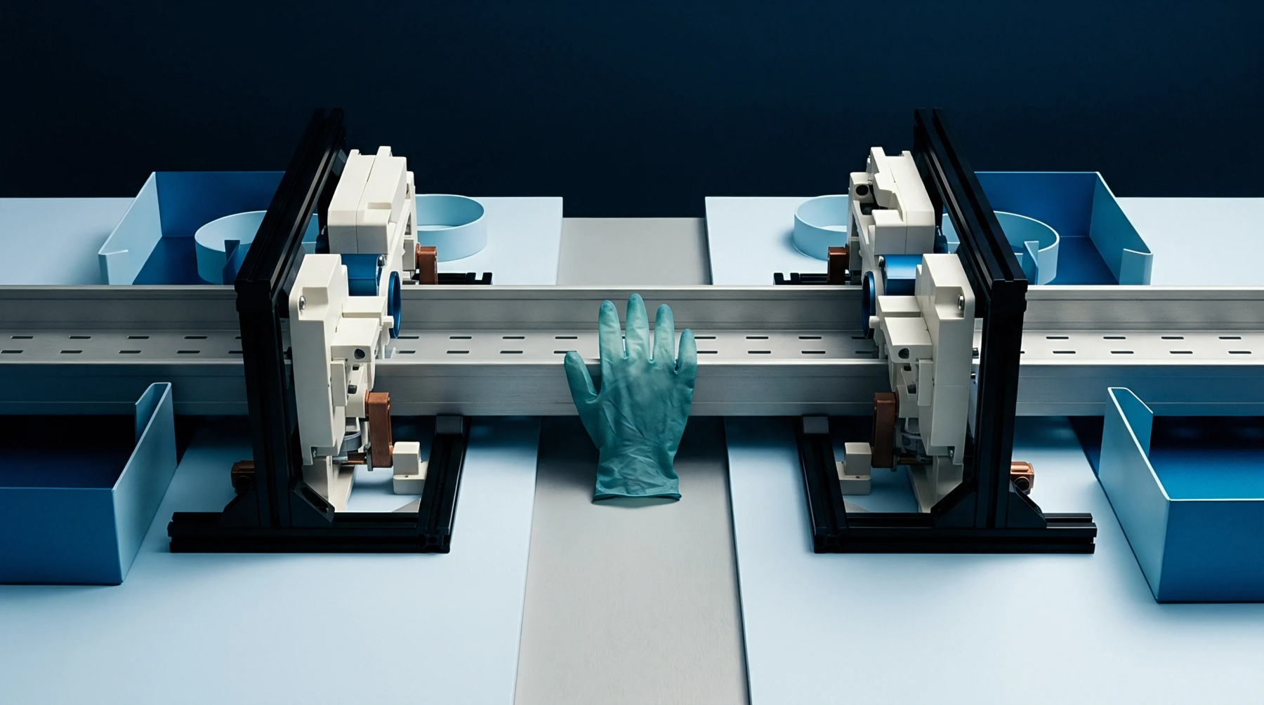 Two automated assembly modules flank a central metal conveyor rail where a protective green glove rests in a dark blue manufacturing workspace.