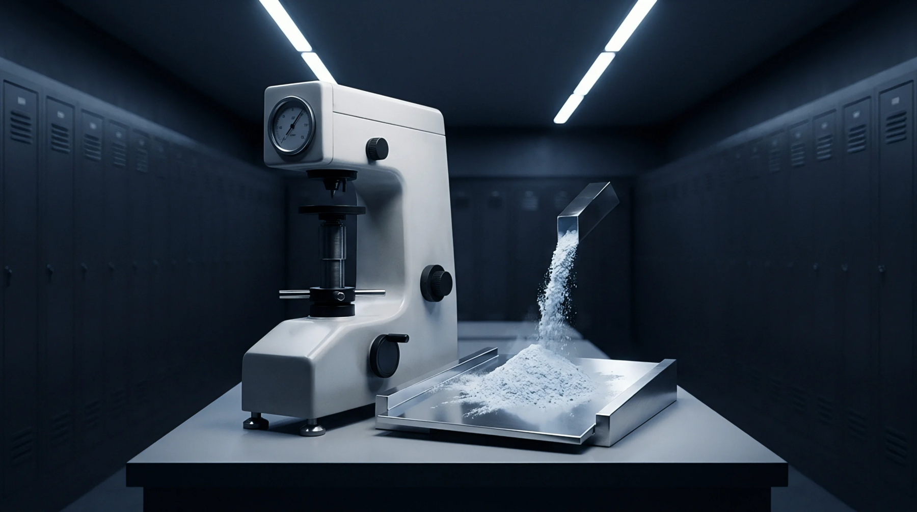 This digital illustration features a powder testing machine dispensing white cathode material powder onto a metal tray inside a dark laboratory.