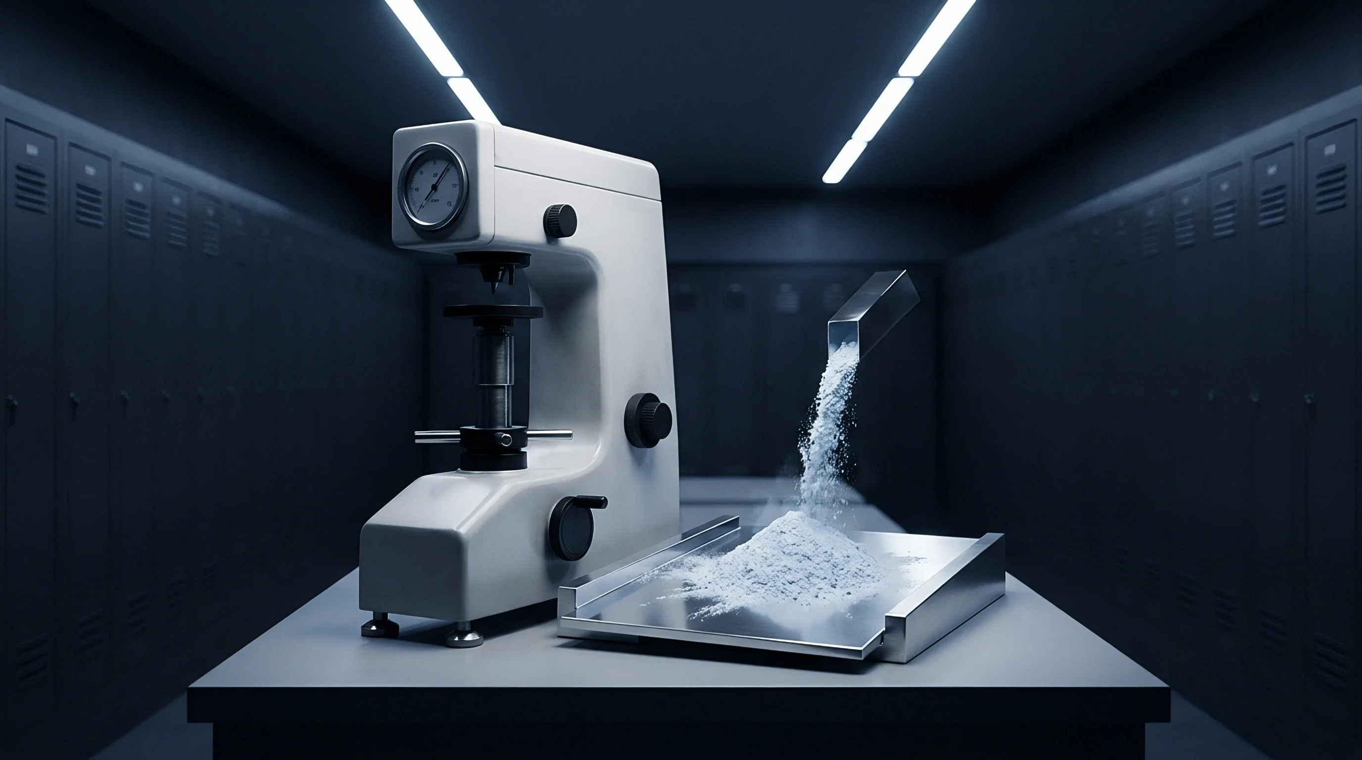 This digital illustration features a powder testing machine dispensing white cathode material powder onto a metal tray inside a dark laboratory.