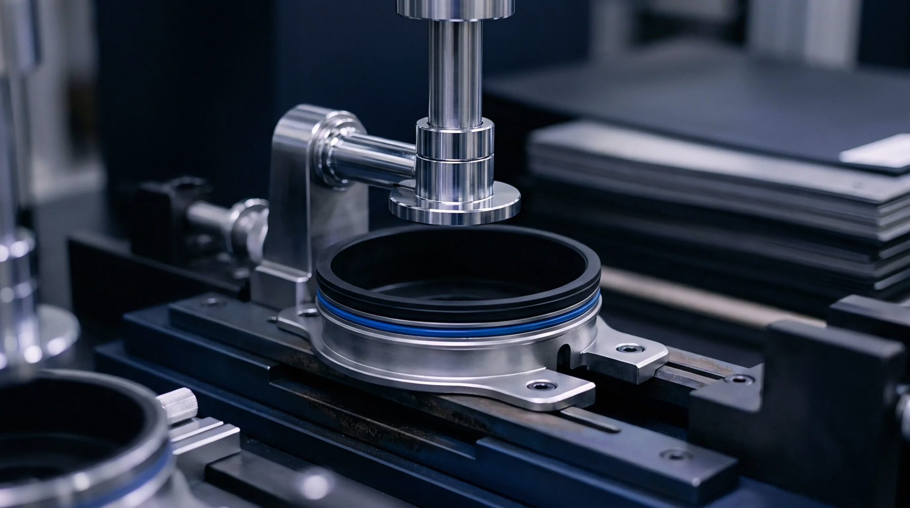 A pneumatic pressing tool lowers onto a metallic cylindrical housing fitted with a blue elastomer gasket during cell production.