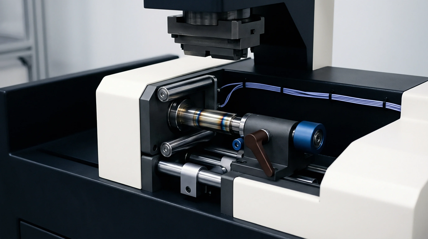 Industrial mechanical testing equipment securely clamps a welded cylindrical metal component between parallel guide rails inside a factory production cell.