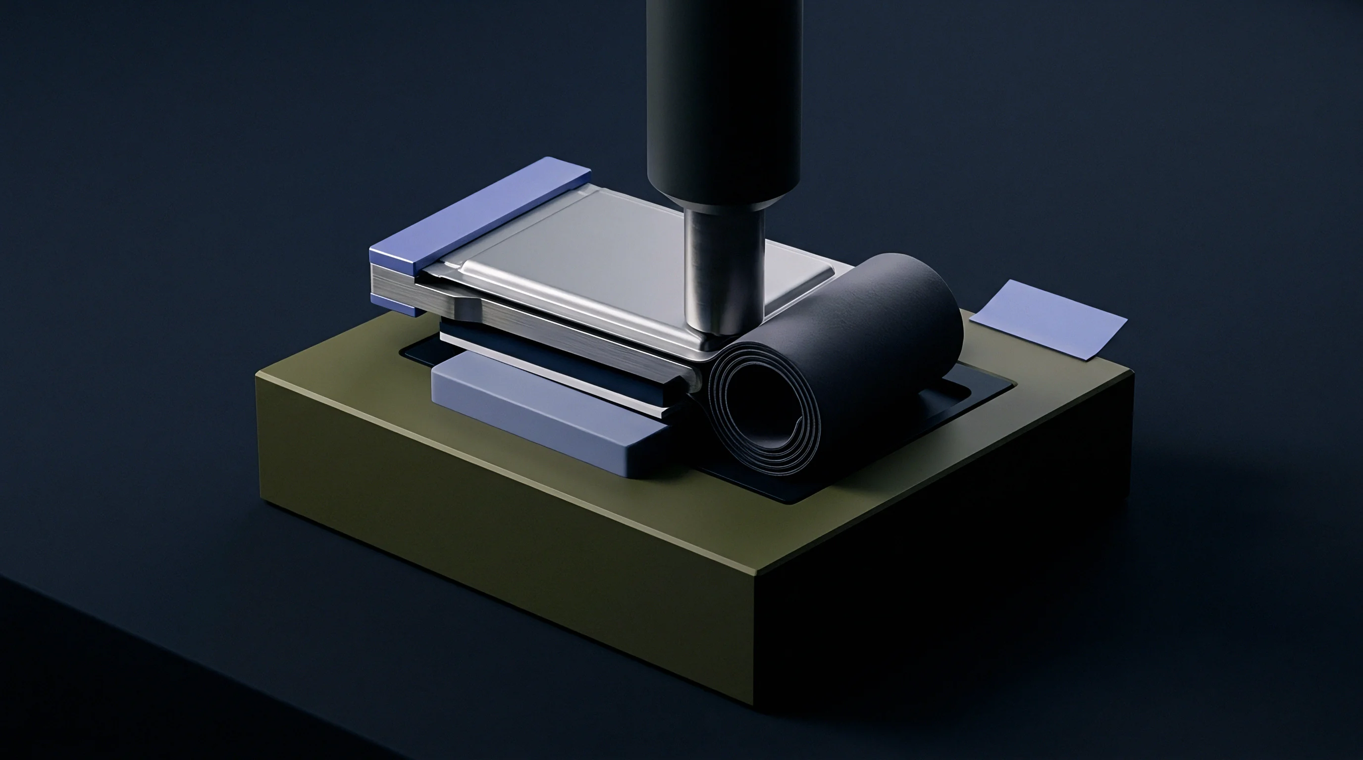 A digital render illustrates a mechanical assembly tool pressing onto a prismatic battery cell secured on a green fixture plate.