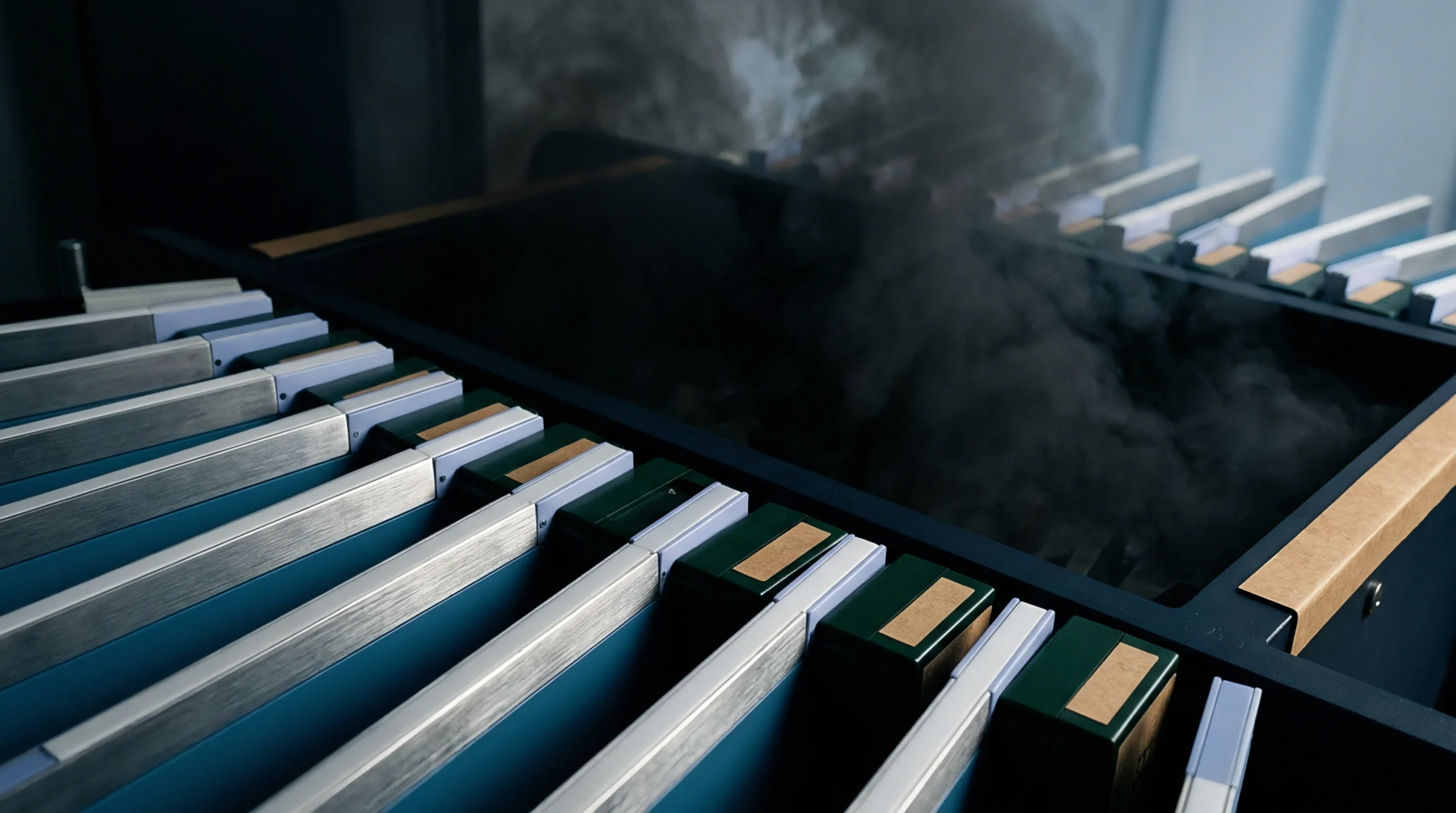Rows of metallic processing guides flank dark green components emitting vapor on a deep blue and black industrial production line.