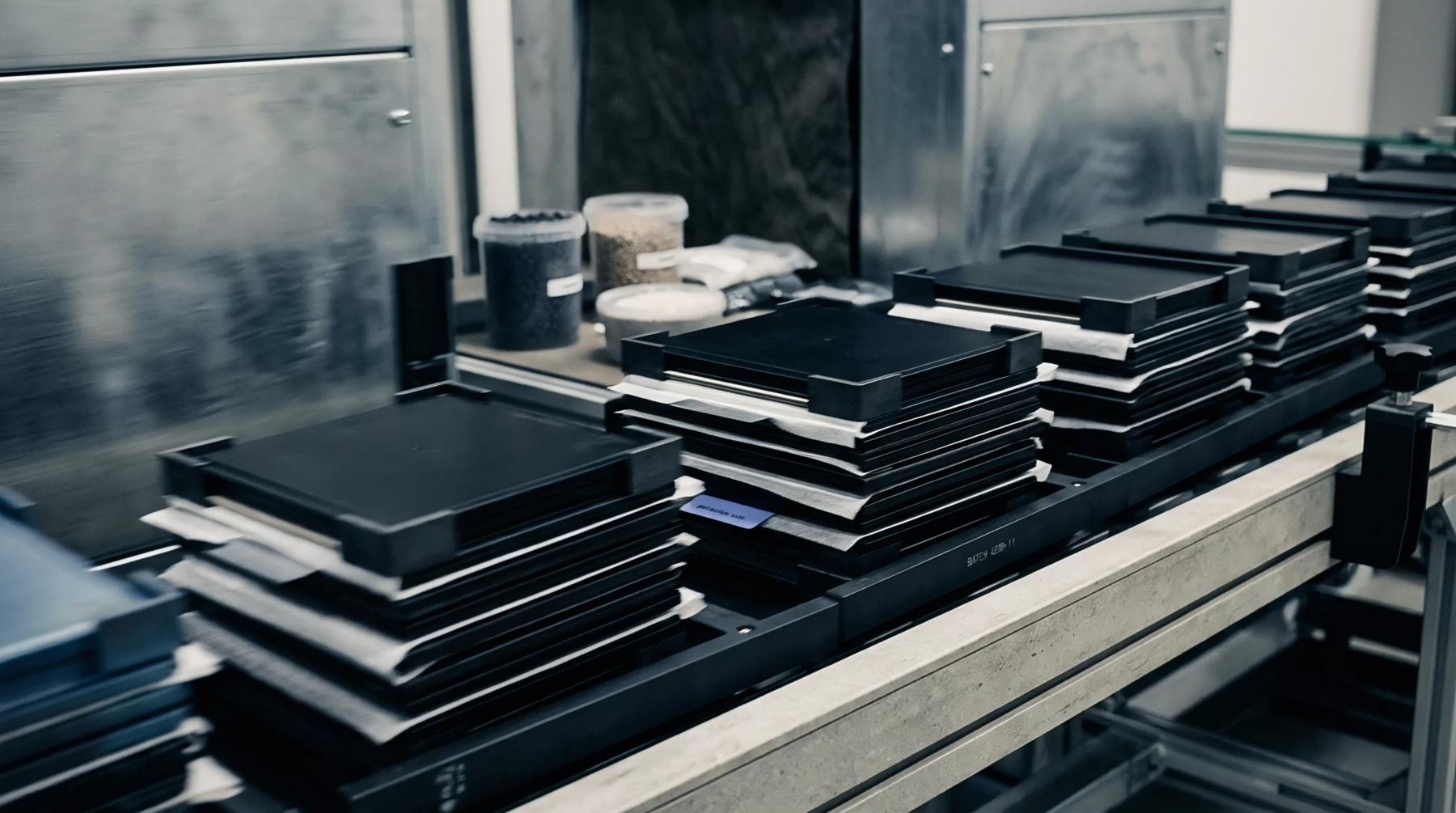 Rectangular battery cell components stack on a motorized conveyor belt within an industrial manufacturing facility for energy storage production.