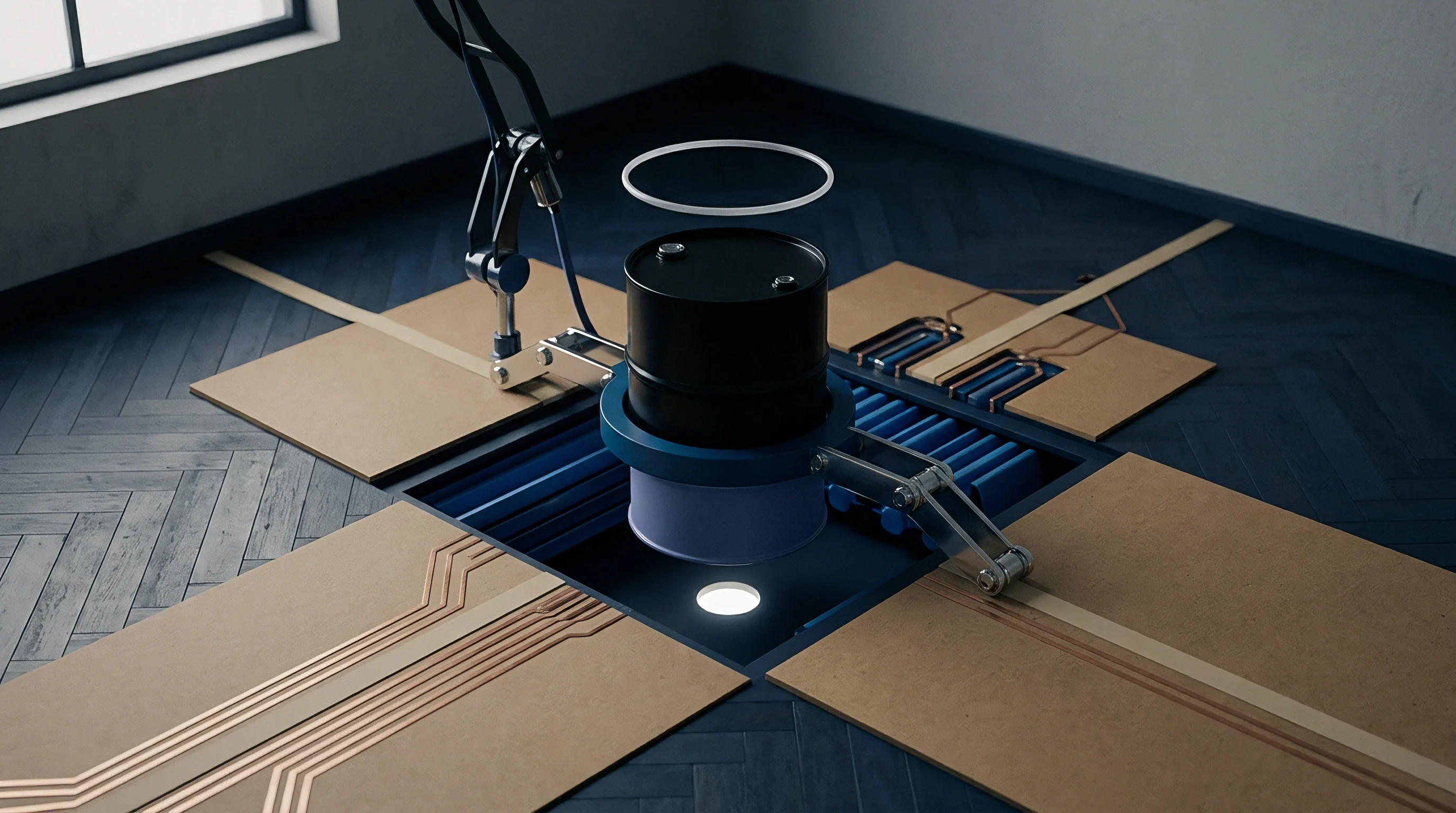 A robotic manipulator suspends a black cylindrical battery container above an open industrial floor cavity fitted with roller conveyors and integrated circuit panels.