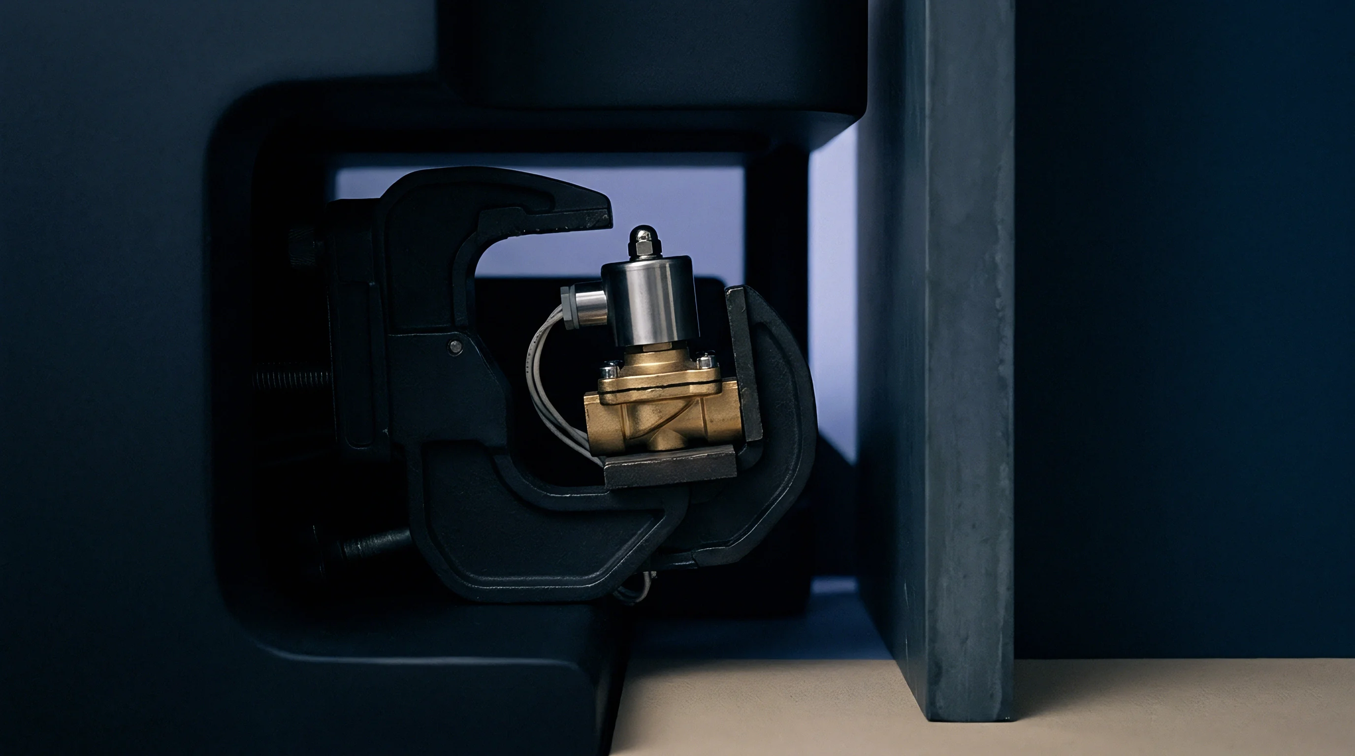 A brass solenoid valve with a metallic coil and wiring sits secured inside a heavy metal test fixture within an industrial enclosure.