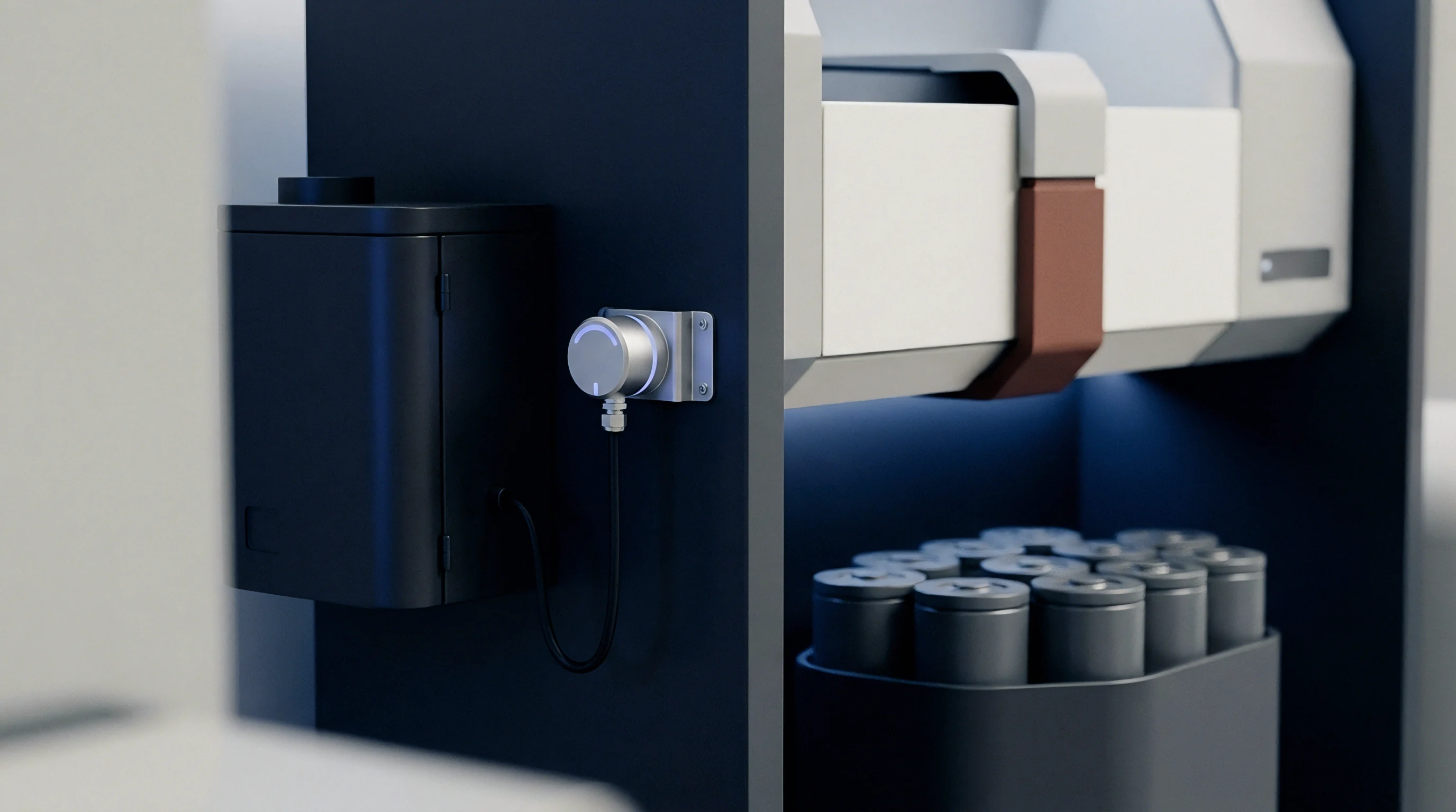 Lithium ion battery cell assembly station render features a wall mounted control dial alongside a storage container holding an array of cylindrical energy storage components.