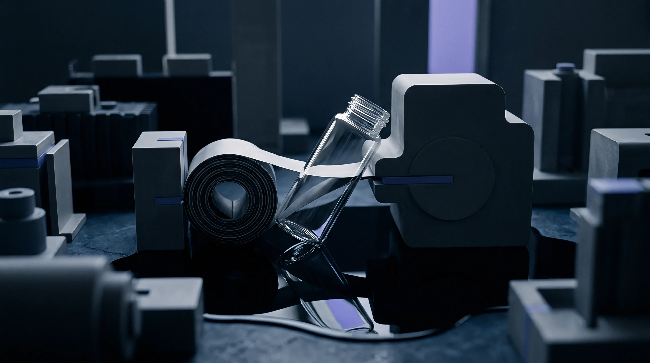 A digital render features a cylindrical material roll feeding through grey industrial machinery blocks beside a glass vial on a reflective surface.