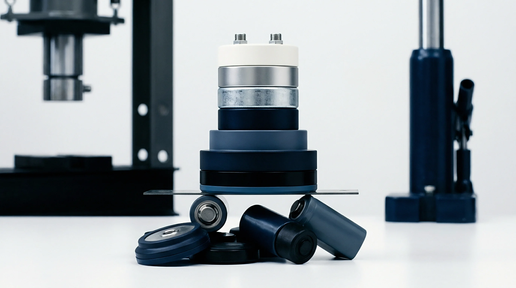 Cylindrical battery components form a vertical assembly supported by cylindrical cells resting on a horizontal metal plate beneath an industrial press.