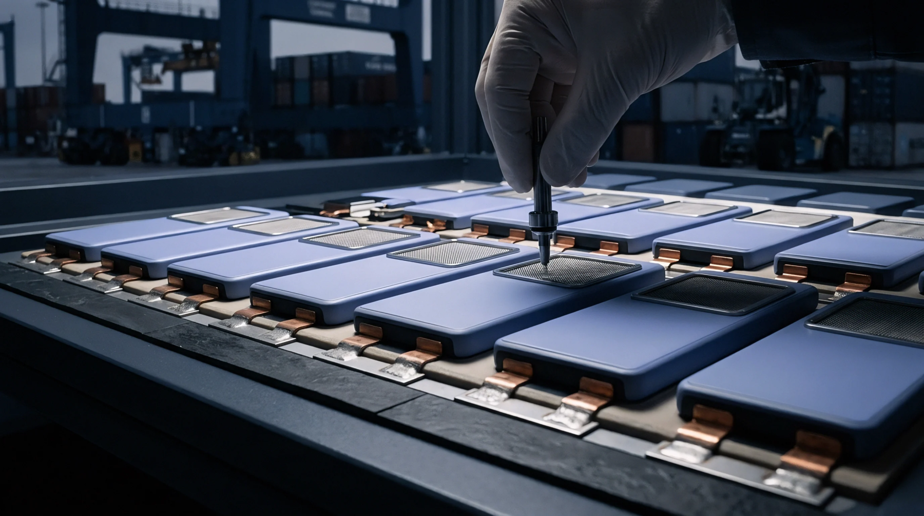 A digital render shows prismatic battery cells positioned on an industrial assembly line during quality inspection inside a manufacturing facility.