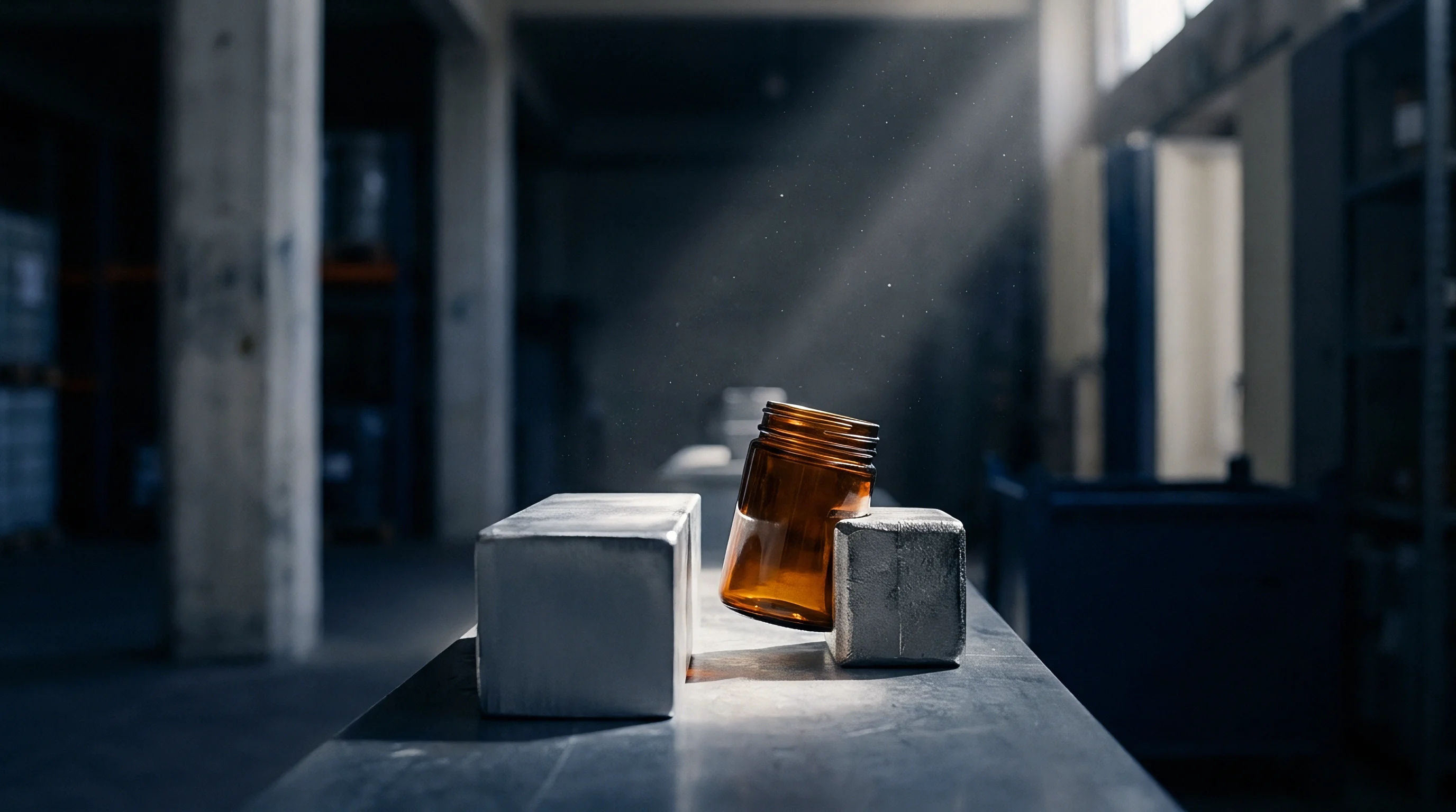 An amber glass vial rests near metallic blocks on an industrial workbench within a dimly lit warehouse environment.