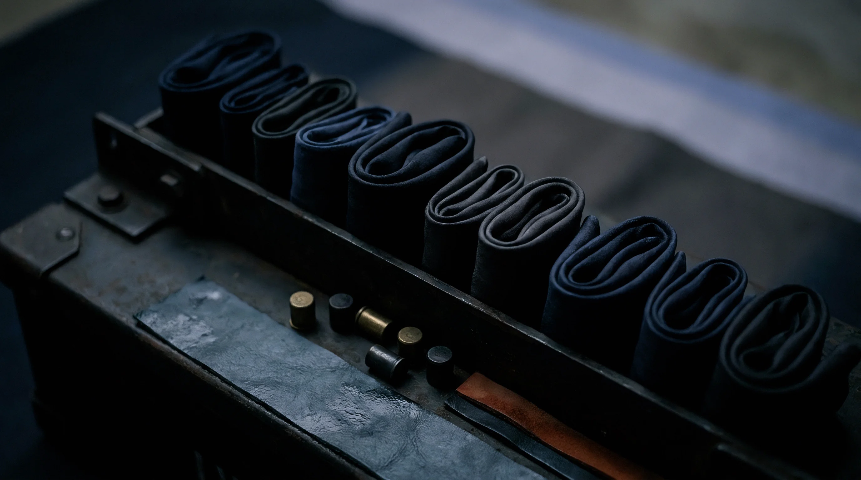Rolled material units sit aligned within a specialized container alongside cylindrical hardware components on a metallic workstation surface.