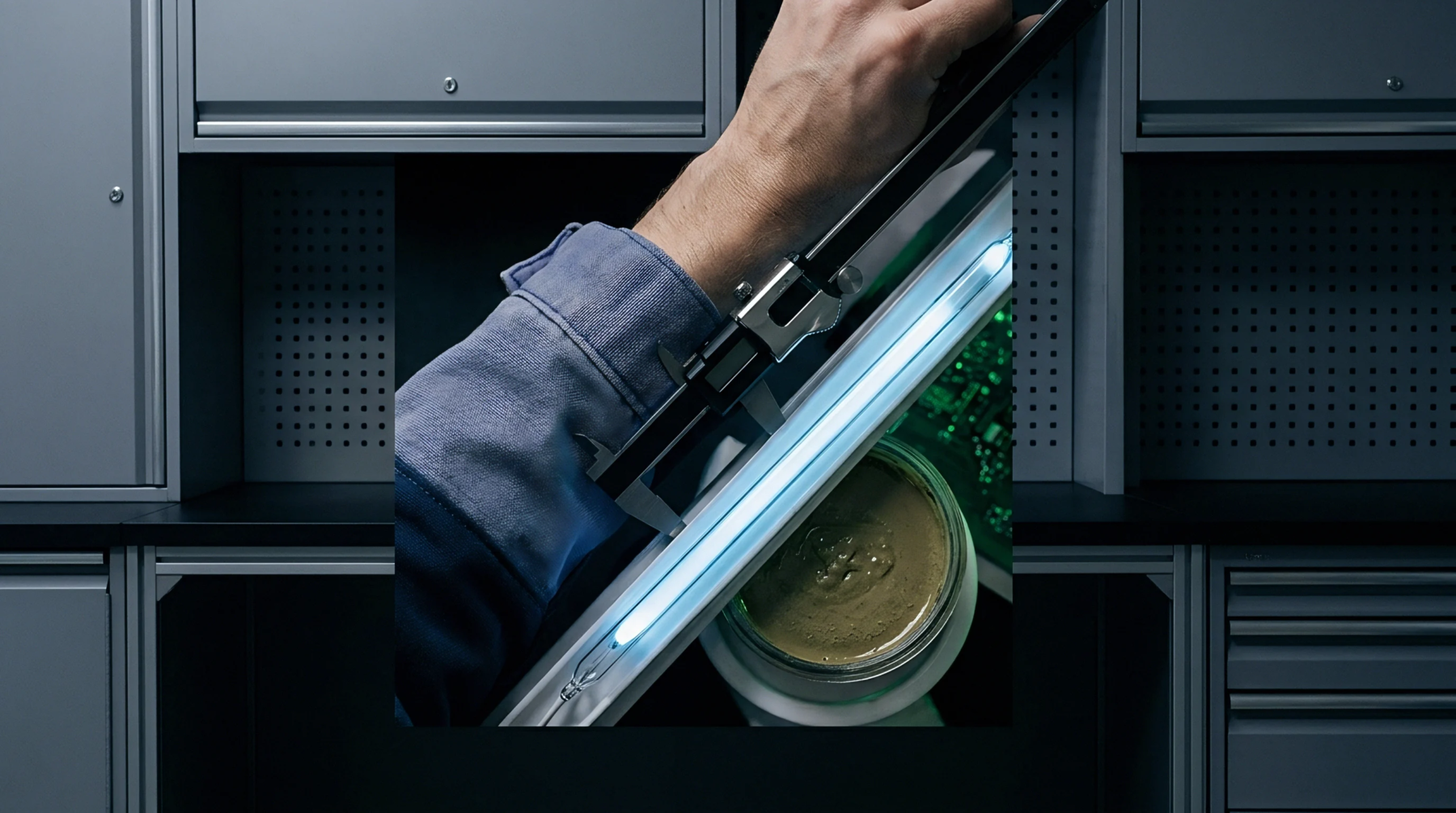 A hand uses a caliper to measure a UV-C lamp positioned above a jar containing viscous yellowish material within laboratory cabinets.