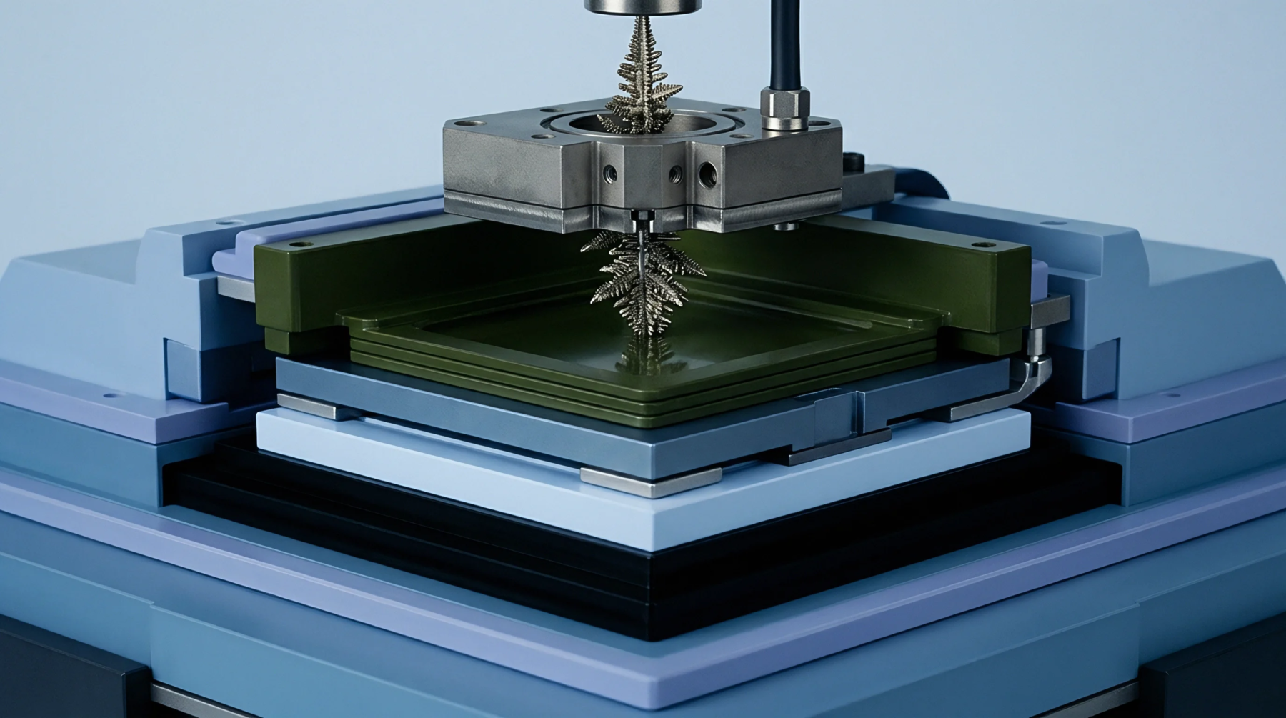 This advanced apparatus presents a metallic dendrite structure suspended over a multi-tiered stage for detailed electrochemical analysis.