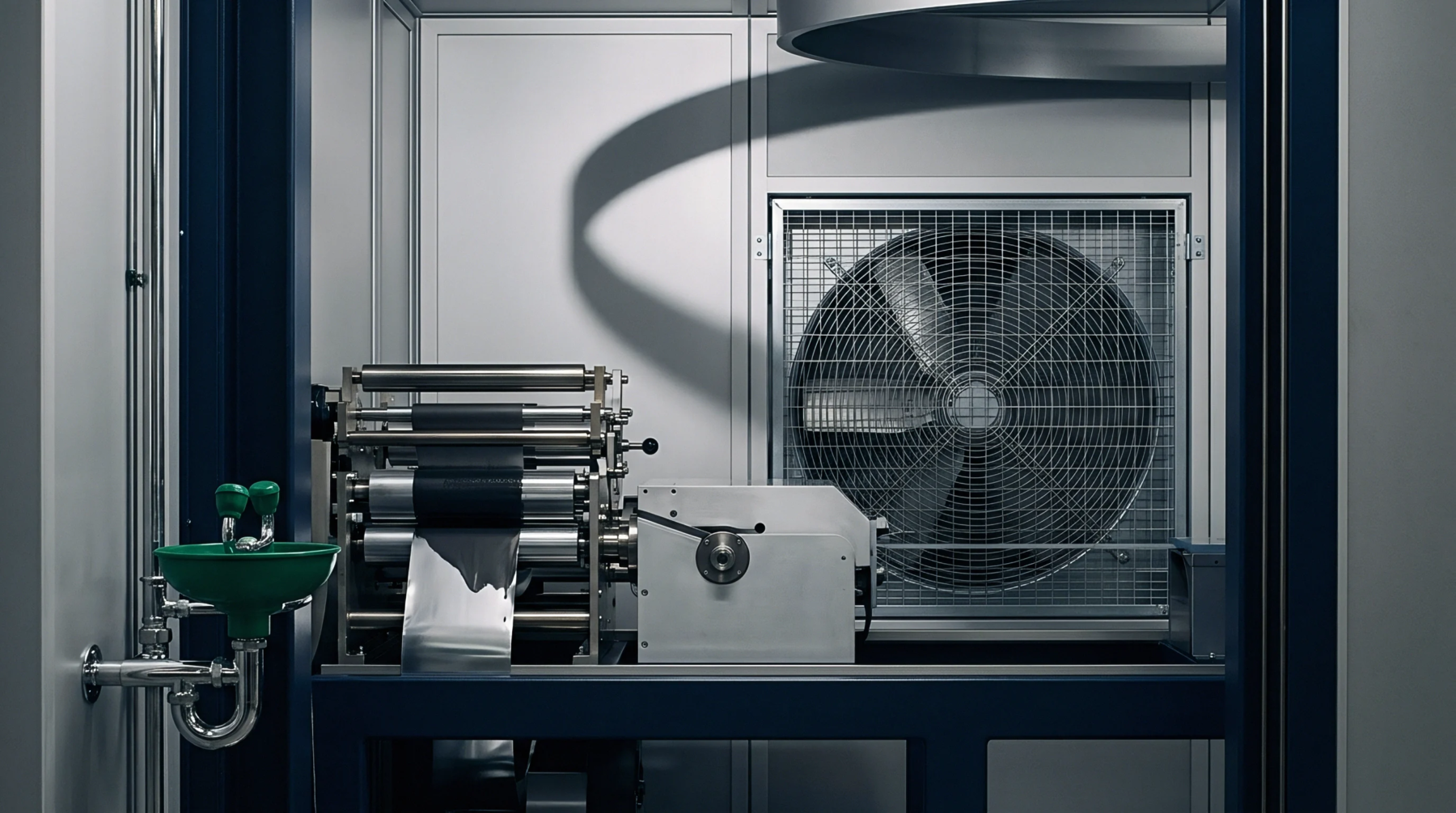 Industrial machinery processes conductive foil through precision metal rollers within a controlled environment while a large axial fan circulates air in the background.