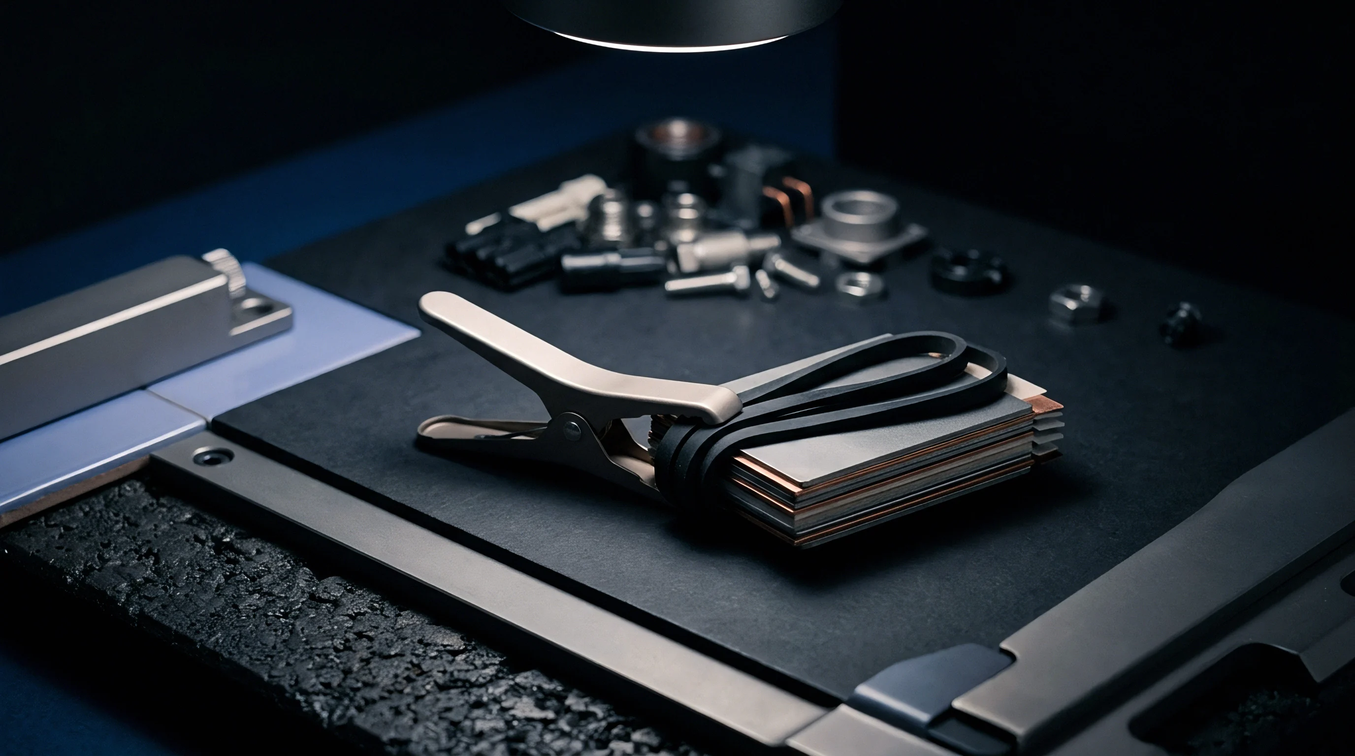 A stack of metallic electrode sheets clamped together sits on a workspace next to various small battery assembly components under directional light.