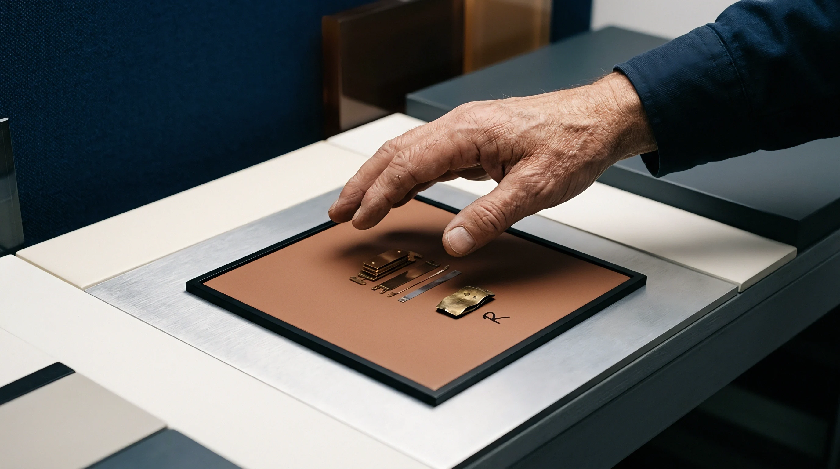 A hand hovers over metal battery interconnect pieces mounted on a square display board within an industrial showroom environment.