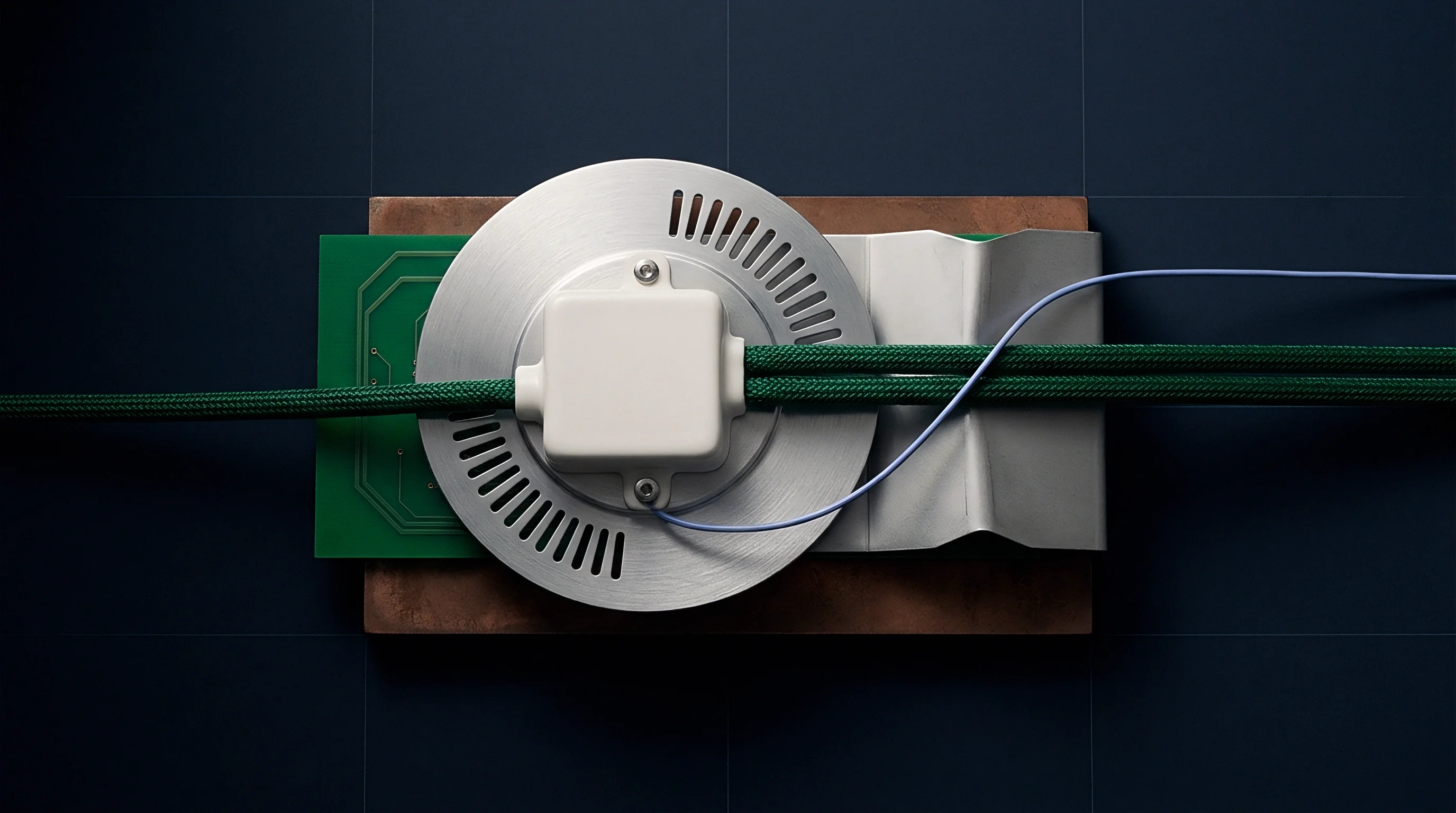 A render of a circular metal sensor housing connecting green braided cables across a printed circuit board and copper plate.