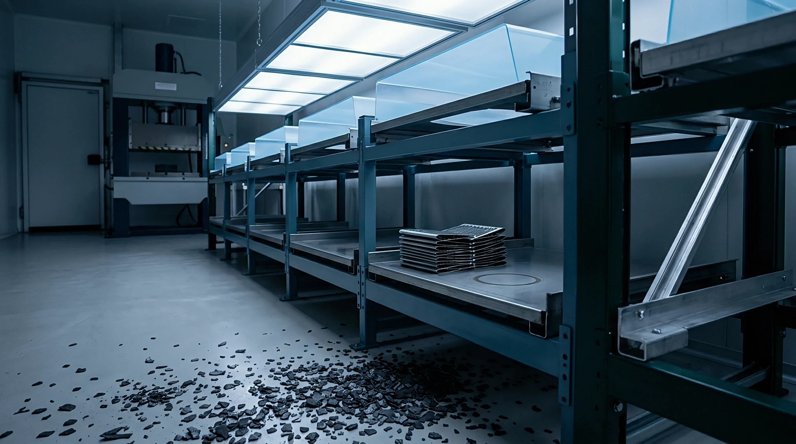 Steel storage racks and industrial equipment fill a cleanroom manufacturing floor while dark material debris litters the epoxy surface.