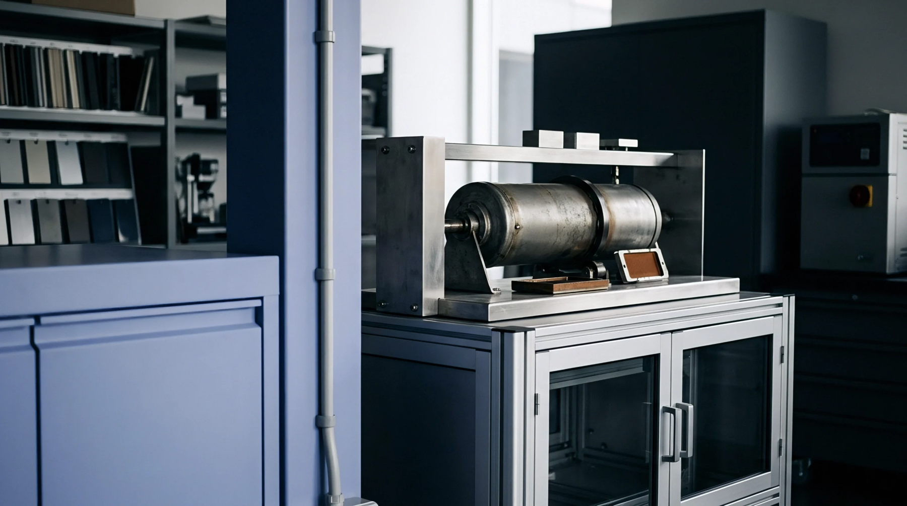 Stainless steel hardware and cabinetry occupy the laboratory space where a cylindrical chamber facilitates controlled material durability testing.