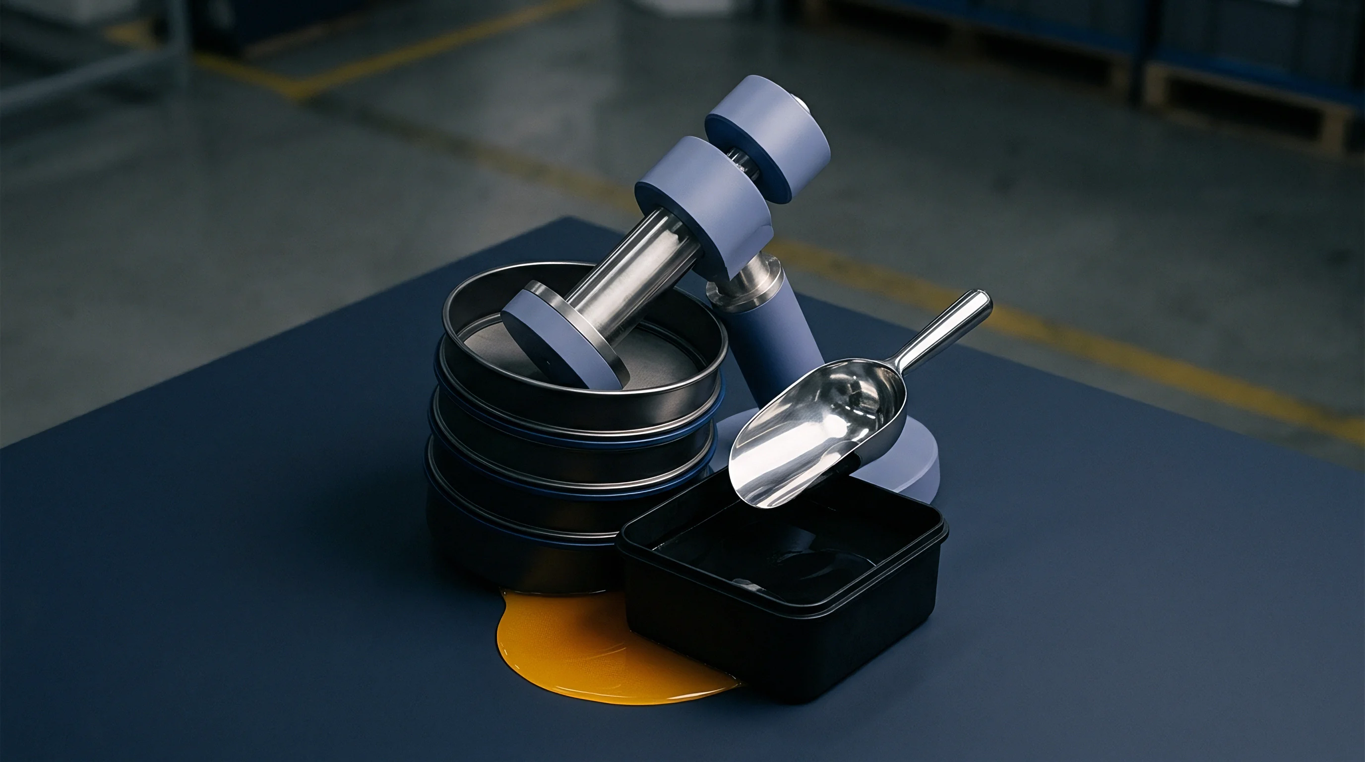 Stainless steel test sieves, a metal sampling scoop, and laboratory testing equipment sit on an industrial workbench next to spilled viscous polymer.