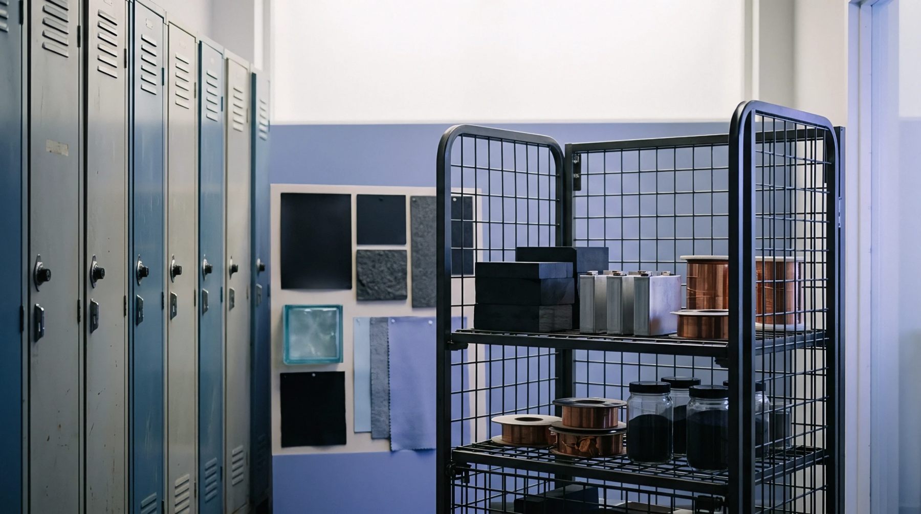 Metal lockers stand beside a wire mesh shelf holding battery cell components, raw active powders, and copper wiring in a supply facility.