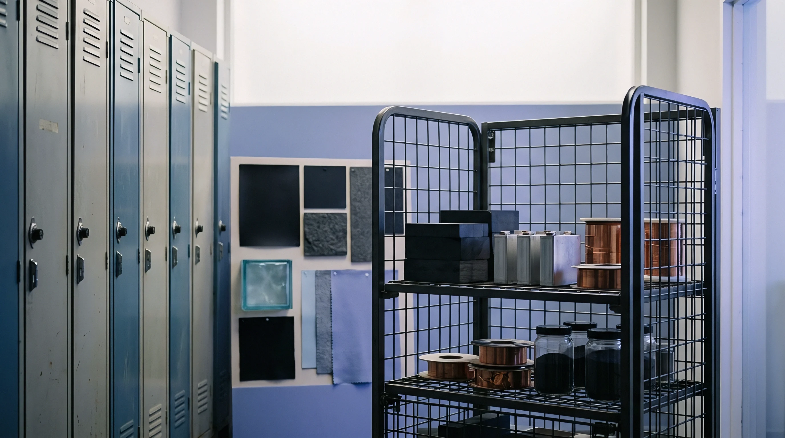 Metal lockers stand beside a wire mesh shelf holding battery cell components, raw active powders, and copper wiring in a supply facility.